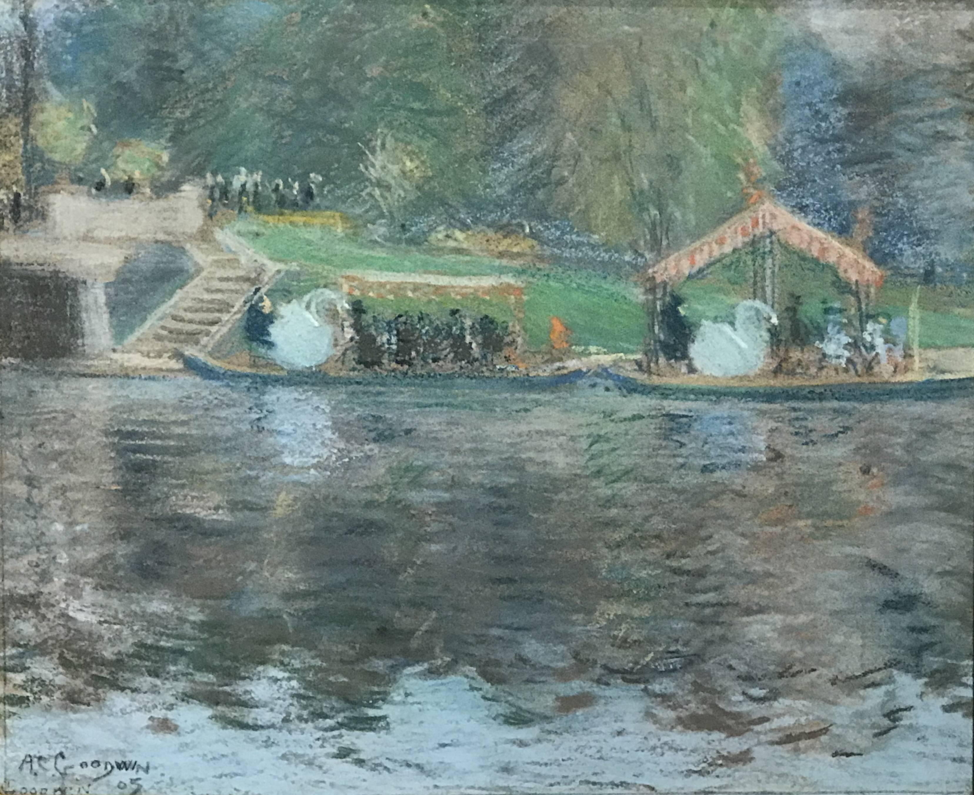 A fine impressionist pastel painting of the Boston Common swan boats by American artist Arthur Clifton Goodwin (1864-1929). Born in Portsmouth, New Hampshire, Goodwin lived and worked most of his life in Massachusetts and New York and is best known