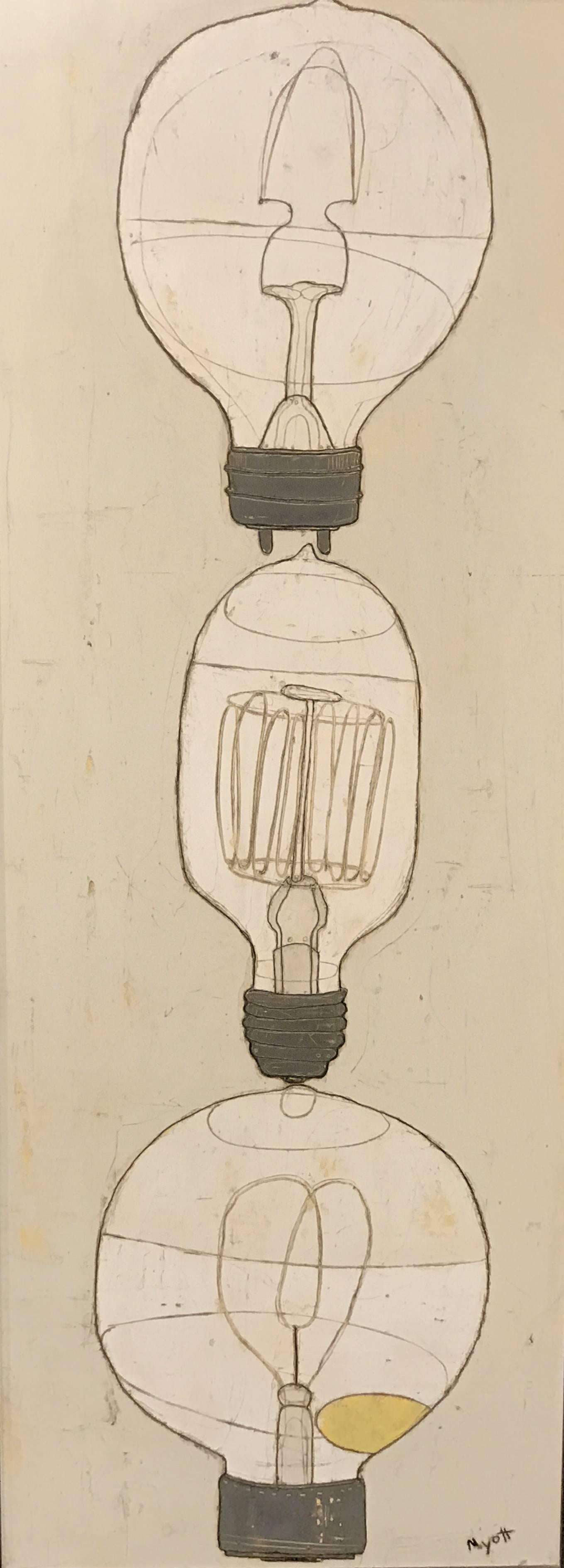 This modernist oil painting titled “Lighbulbs” was done by contemporary New Hampshire artist Christopher Myott (1982-). In 2005, Chris Myott received a BS in studio arts at Chester College, located near Manchester, NH, and he spent two years living