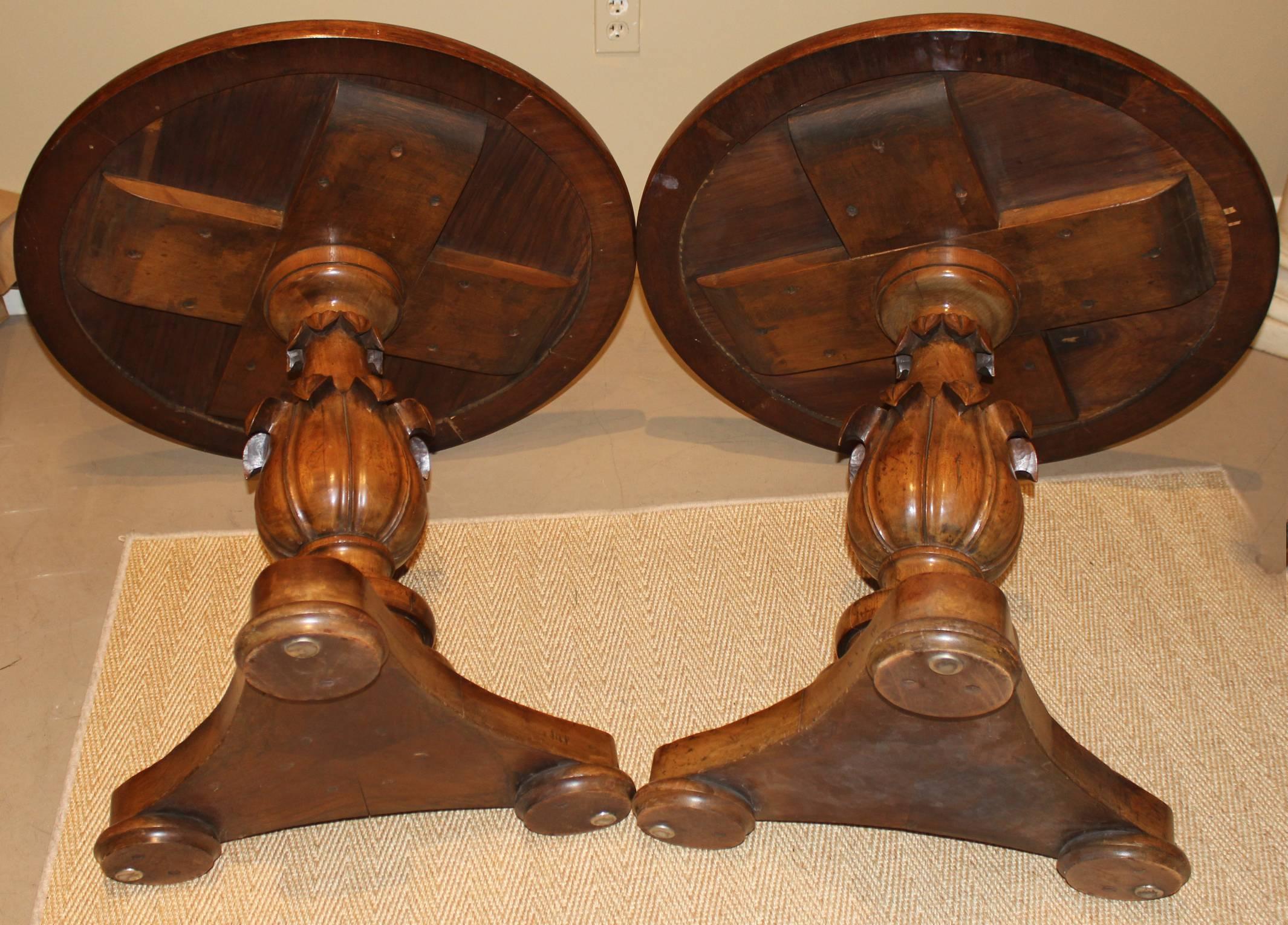 19th Century Pair of Victorian Walnut Carved Round Side Tables