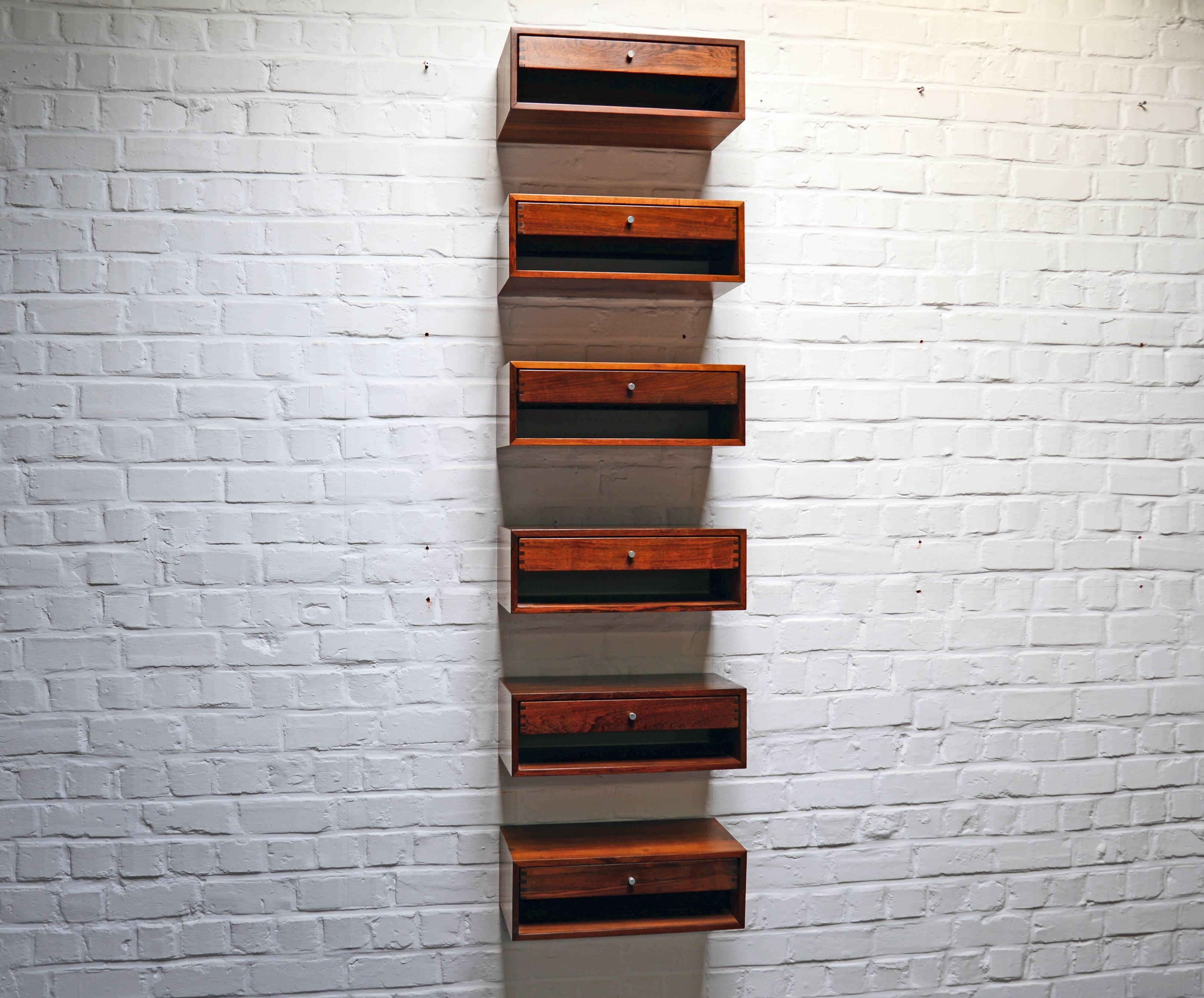 Kai Kristiansen, Unique Set of Six Danish Rosewood Floating Drawers /Console 60s In Excellent Condition For Sale In Brussels, BE