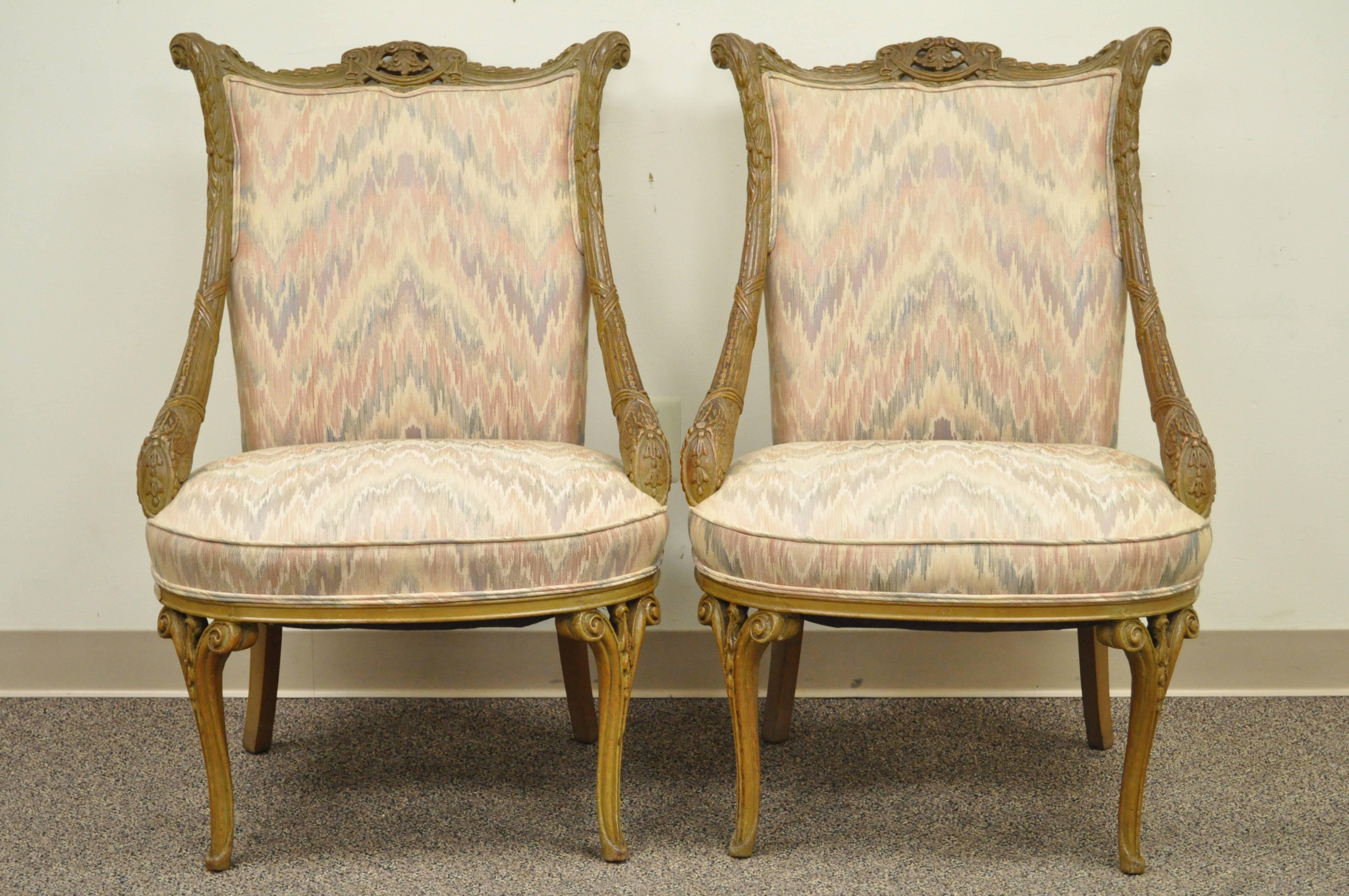 Pair 1940s Hollywood Regency Carved Parlor Chairs Attributed to Grosfeld House For Sale 3