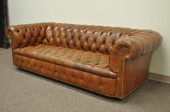 Henredon Rolled Arm English Style Button Tufted Brown Leather Chesterfield Sofa