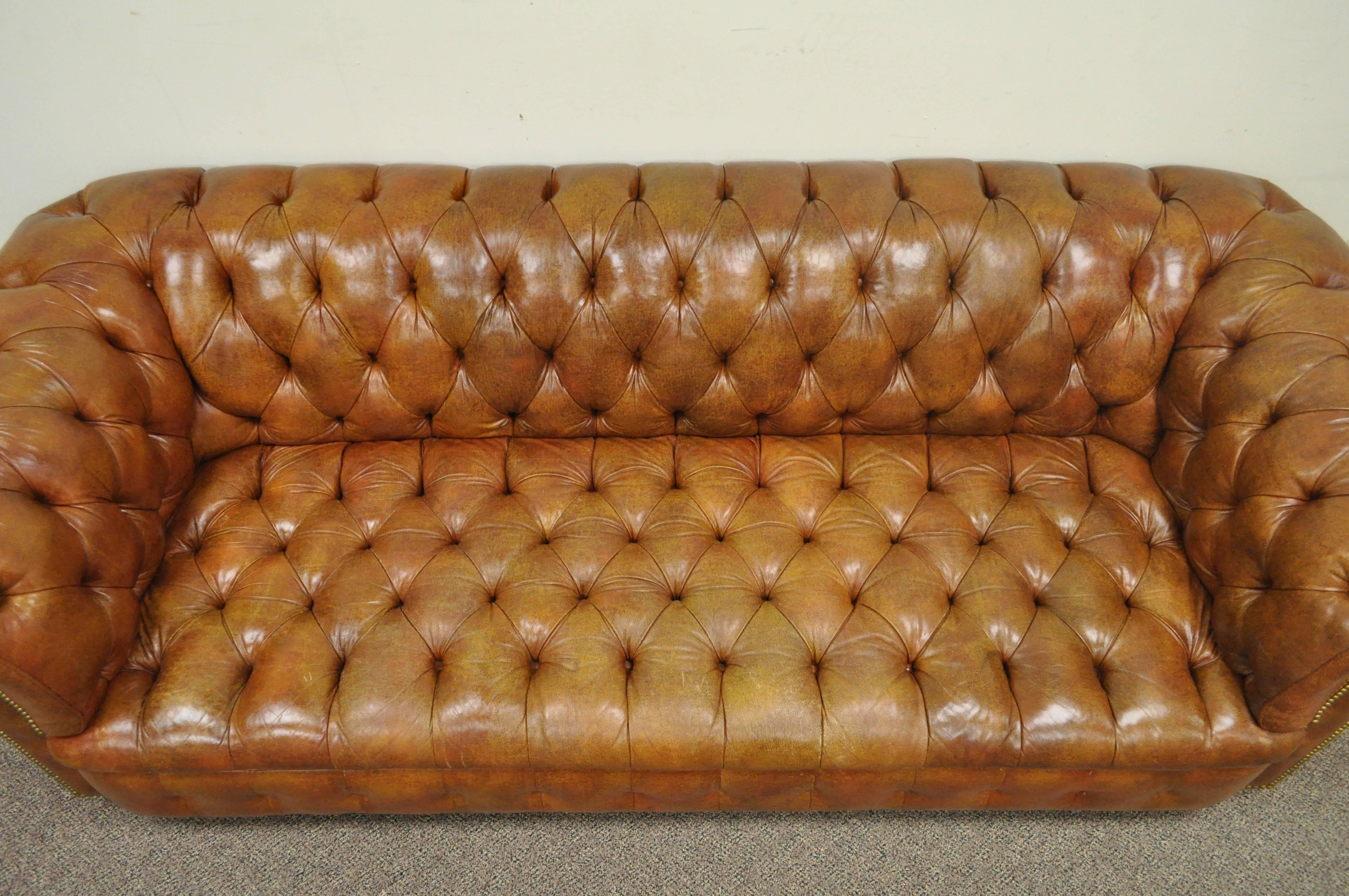 American Henredon Rolled Arm English Style Button Tufted Brown Leather Chesterfield Sofa