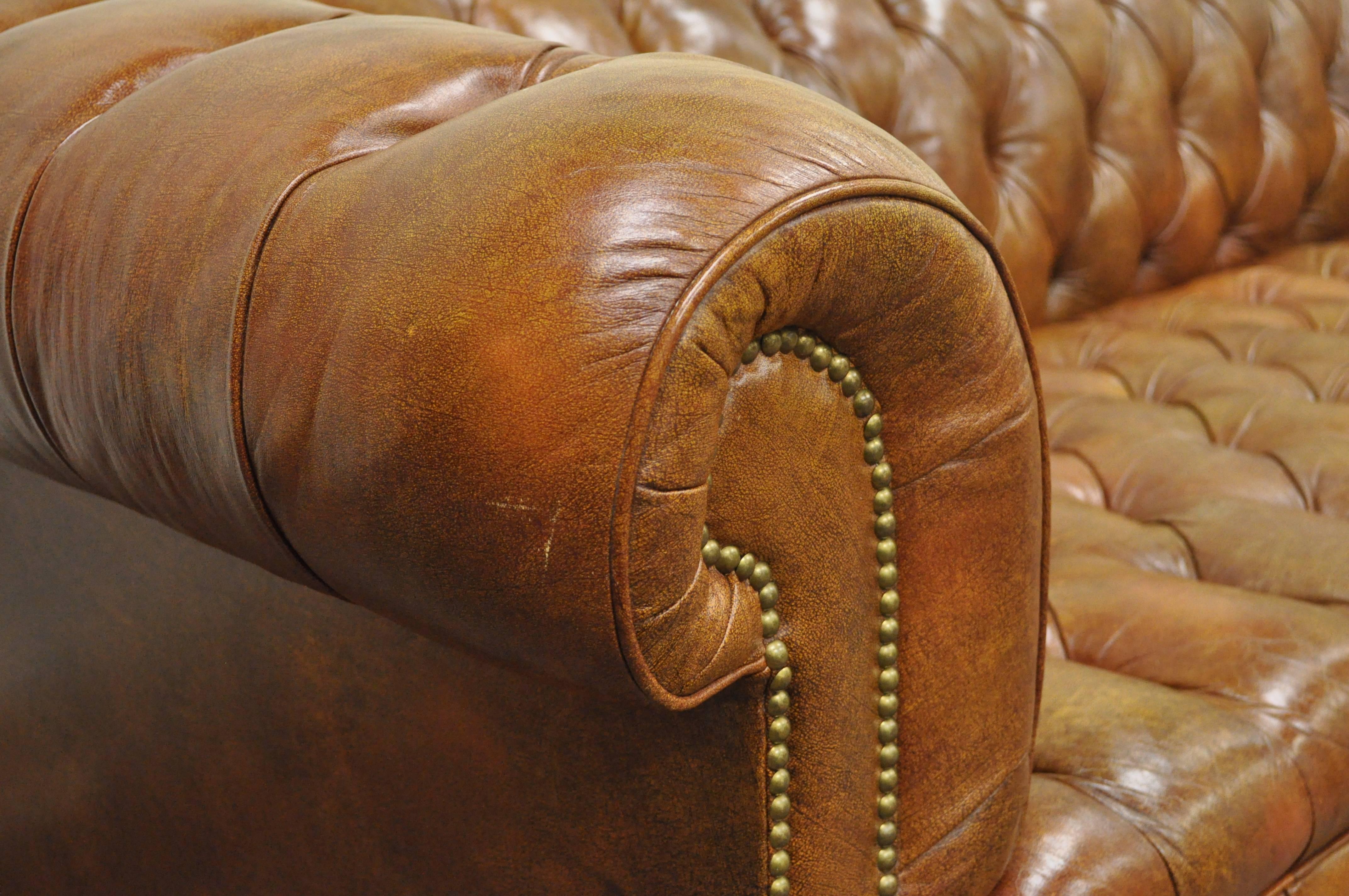 brown leather button couch