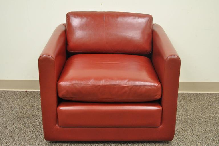 Red Leather Cube Club or Lounge Chair After Harvey Probber on Rolling