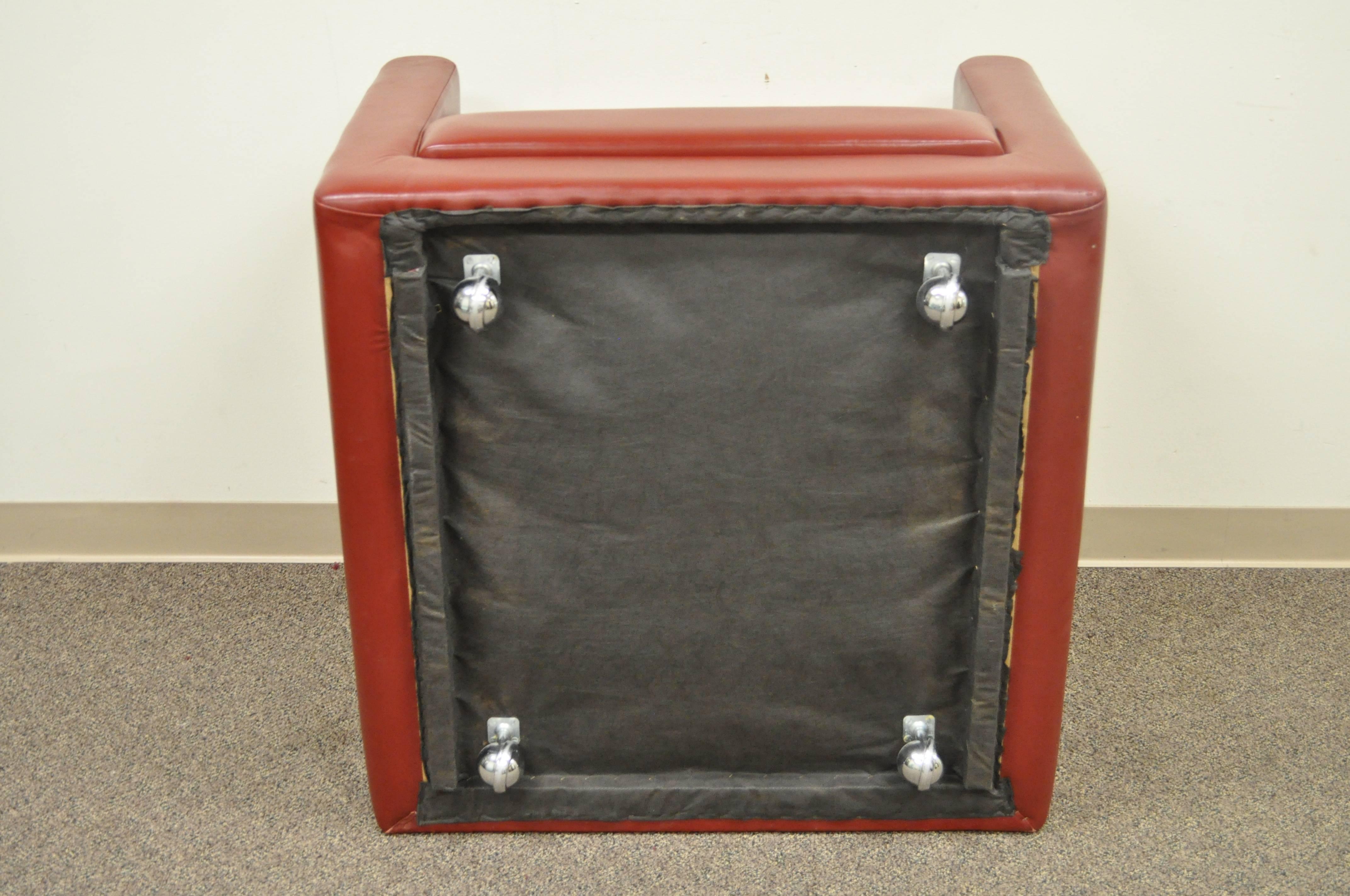 Late 20th Century Red Leather Cube Club or Lounge Chair on Rolling Casters