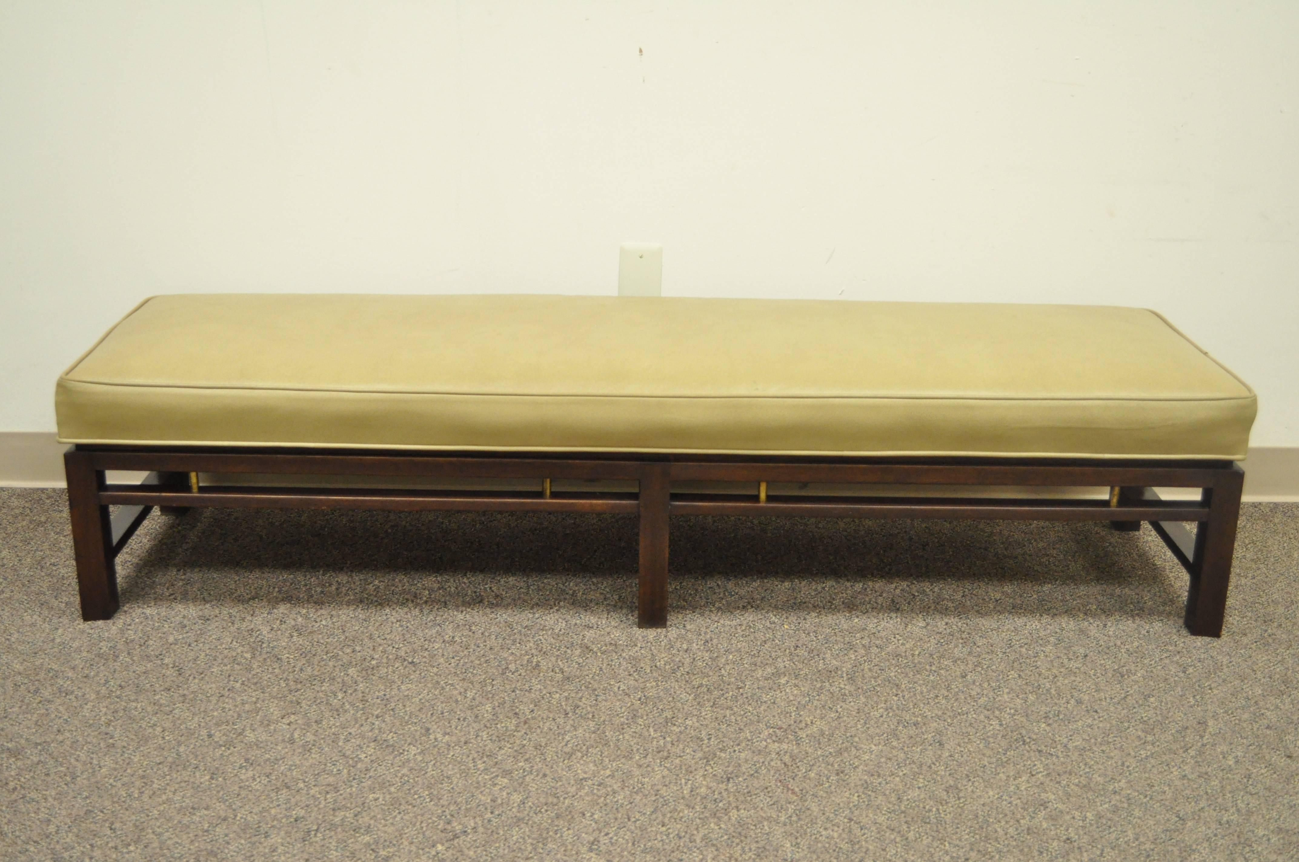 Brass Mid Century Modern Edward Wormley for Dunbar Leather Upholstered Mahogany Bench