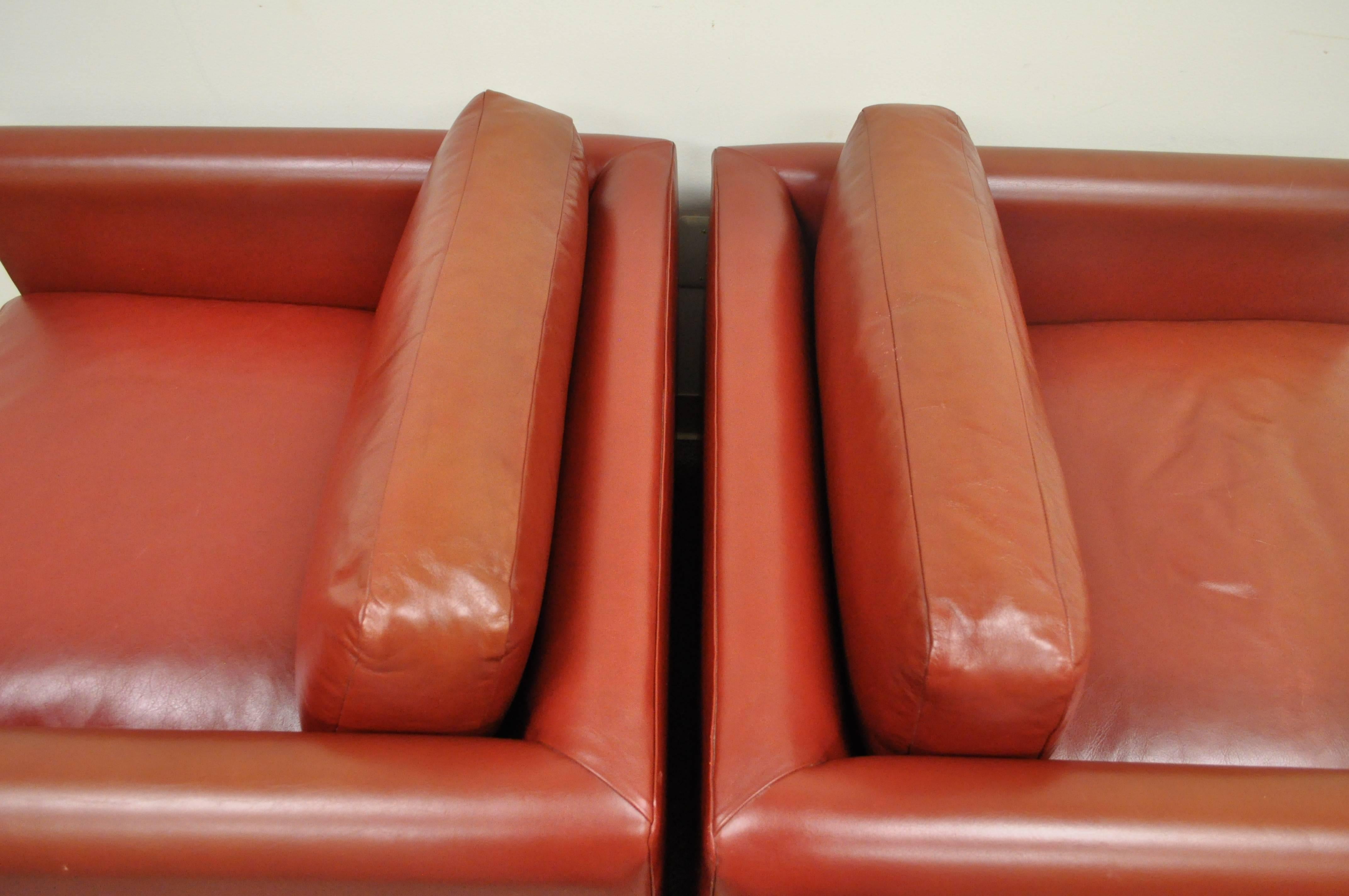 Pair of Red Leather Cube Club or Lounge Chairs on Casters 2