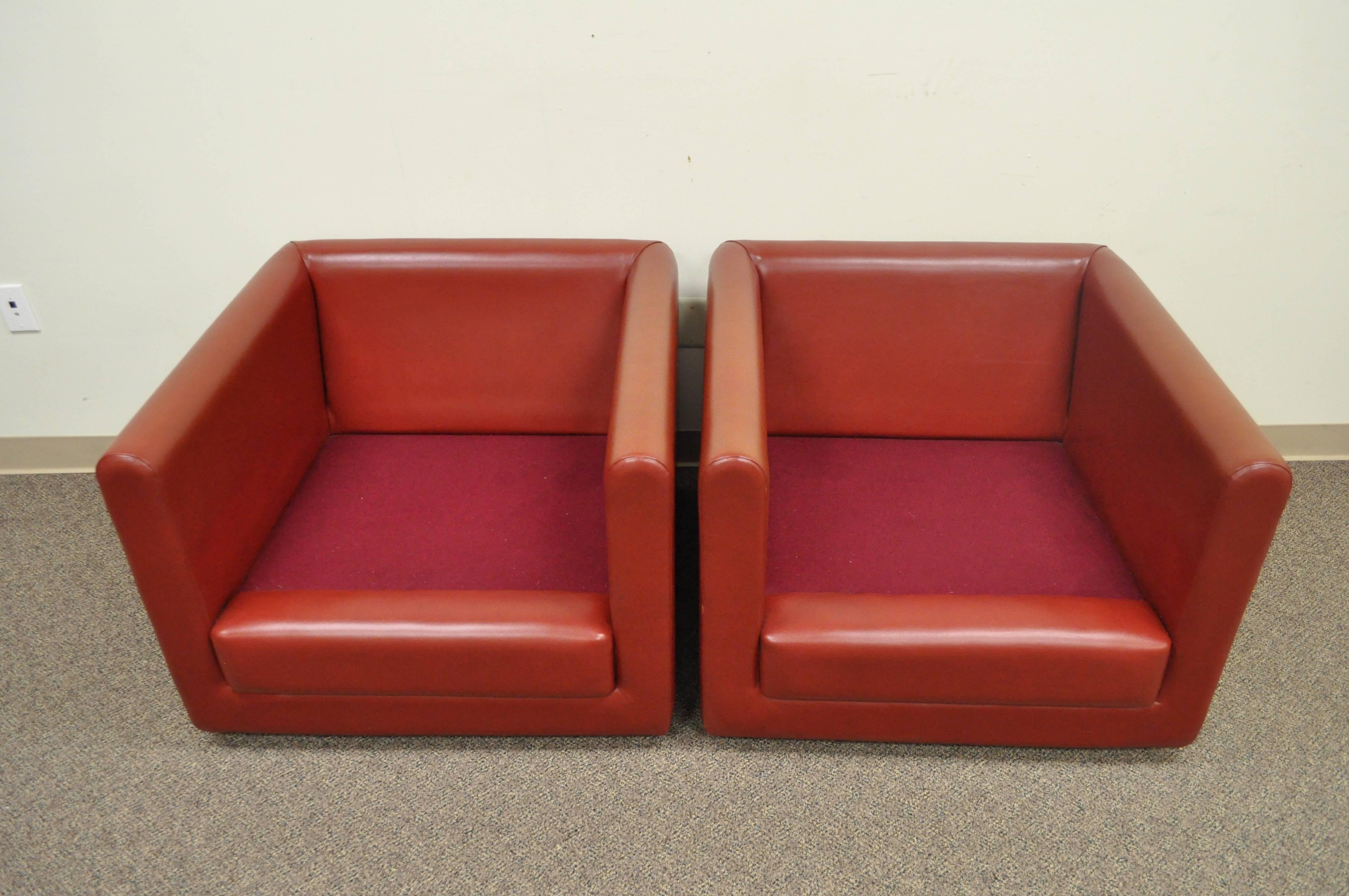 Pair of Red Leather Cube Club or Lounge Chairs on Casters 3