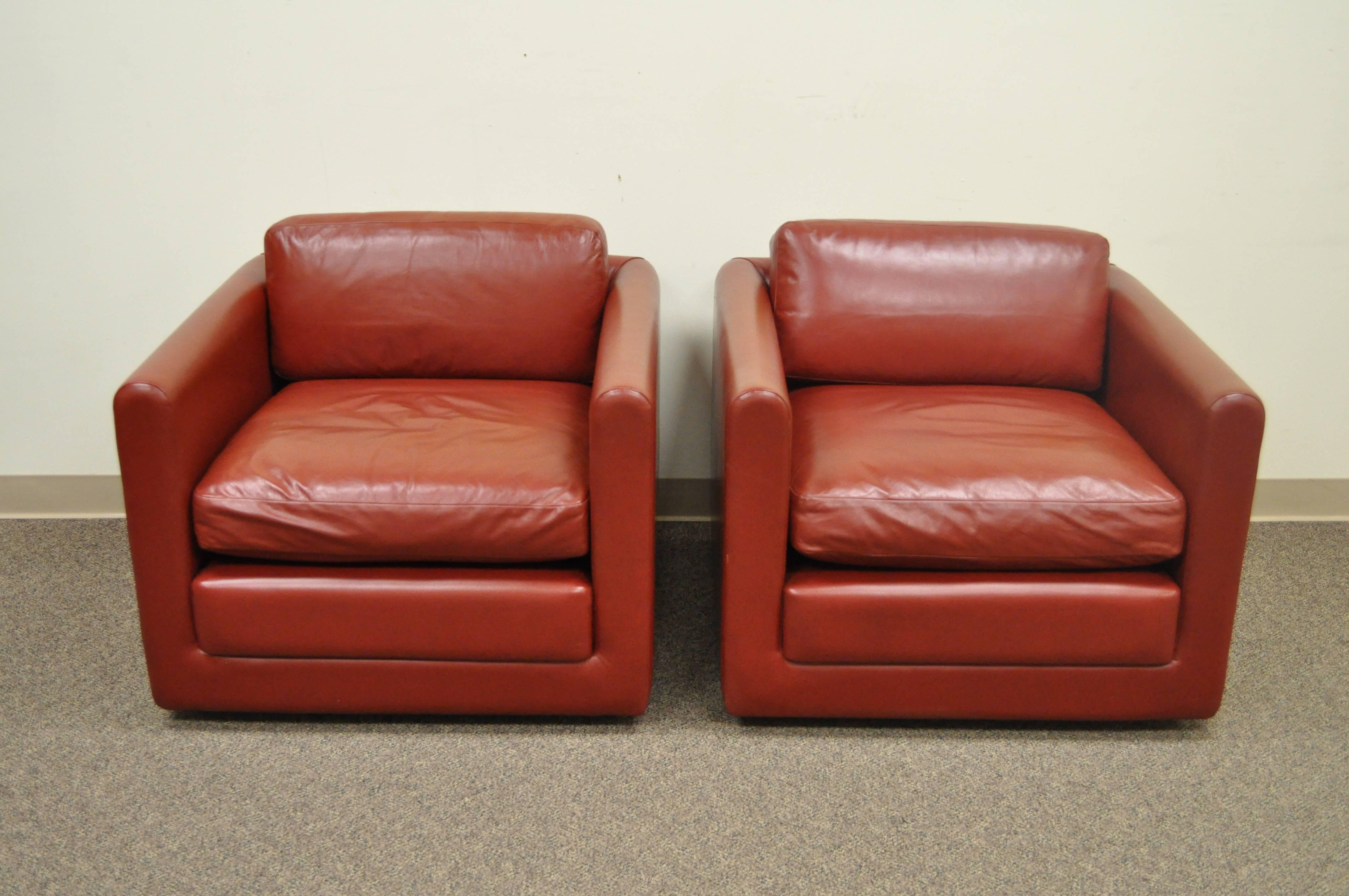 Mid-Century Modern Pair of Red Leather Cube Club or Lounge Chairs on Casters