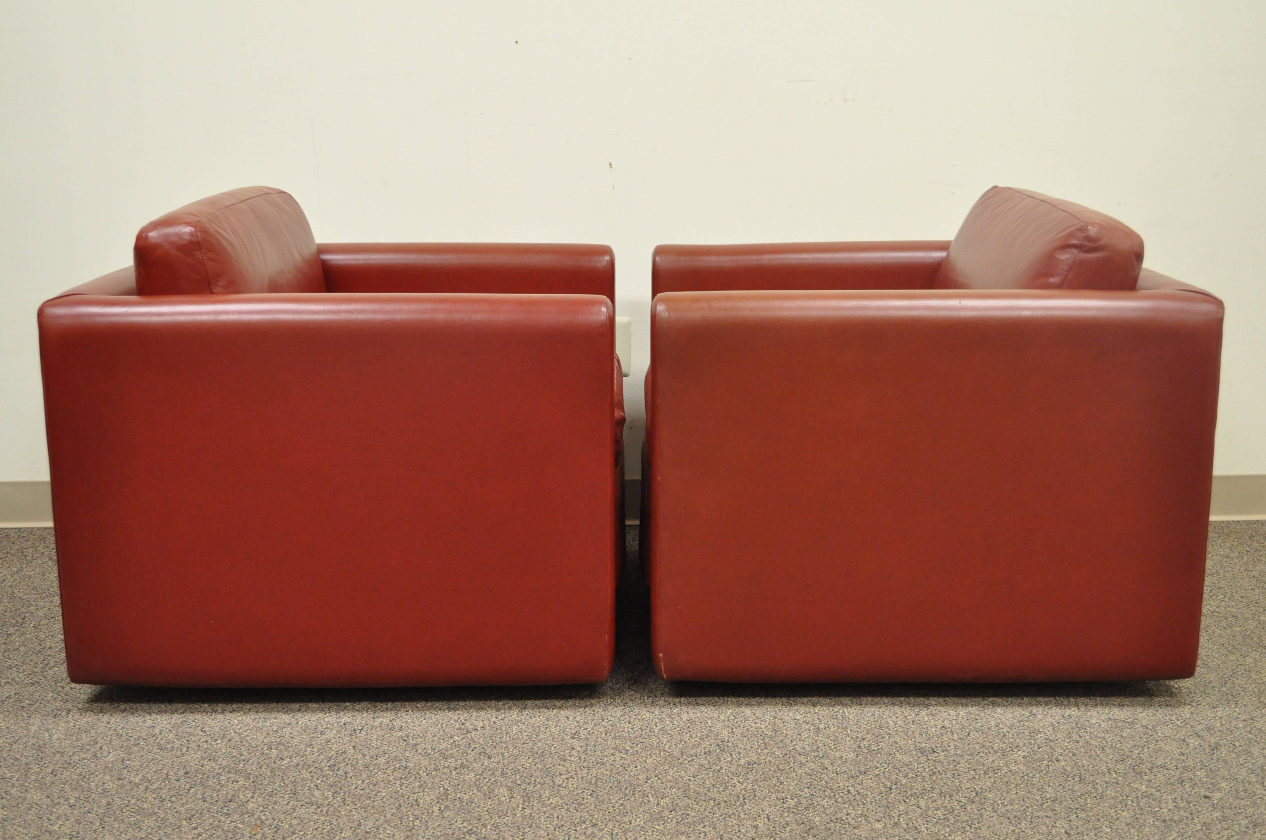 American Pair of Red Leather Cube Club or Lounge Chairs on Casters