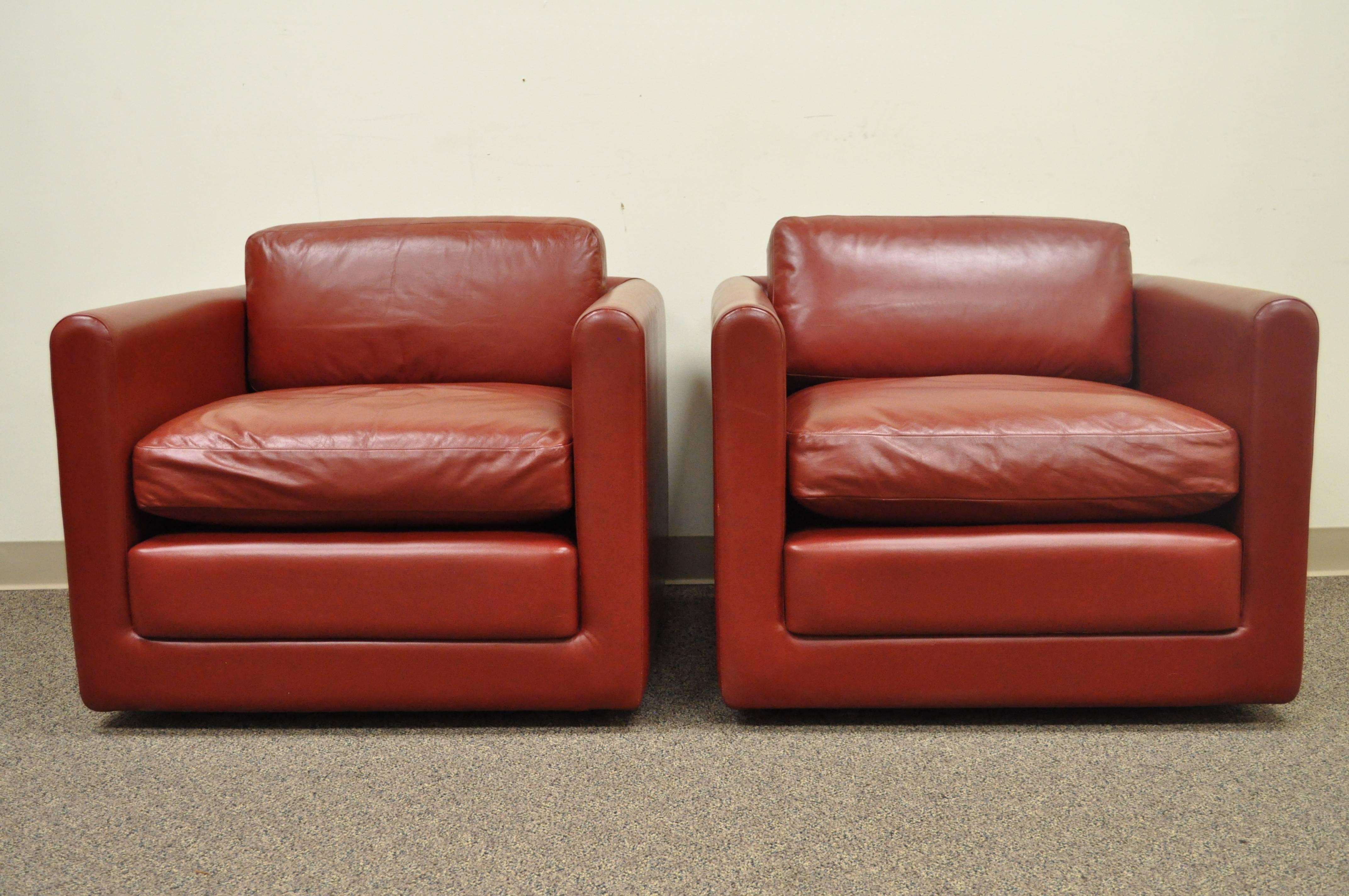 Pair of Red Leather Cube Club or Lounge Chairs on Casters 4