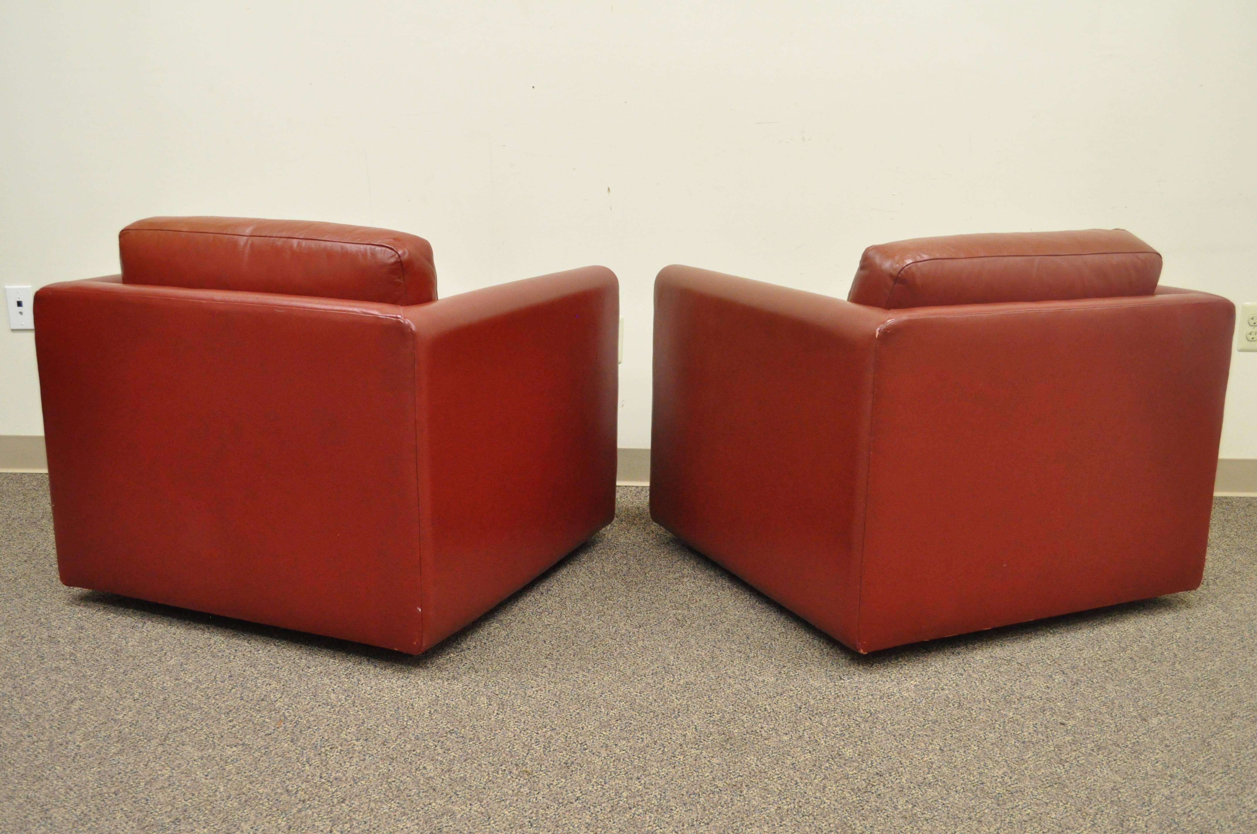 Late 20th Century Pair of Red Leather Cube Club or Lounge Chairs on Casters