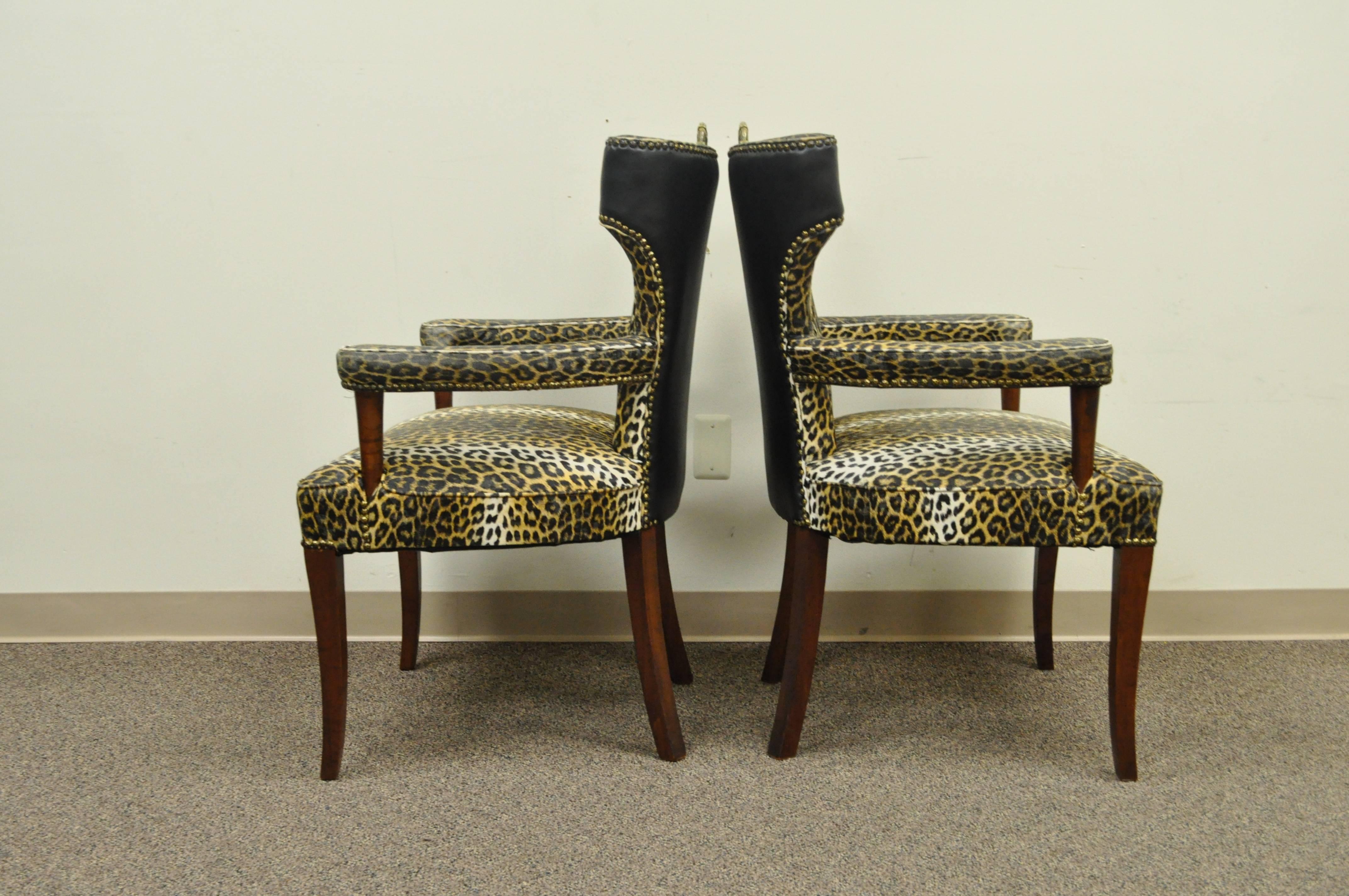 Pair of Dorothy Draper Hollywood Regency Leopard Printed Vinyl Curved Armchairs For Sale 1