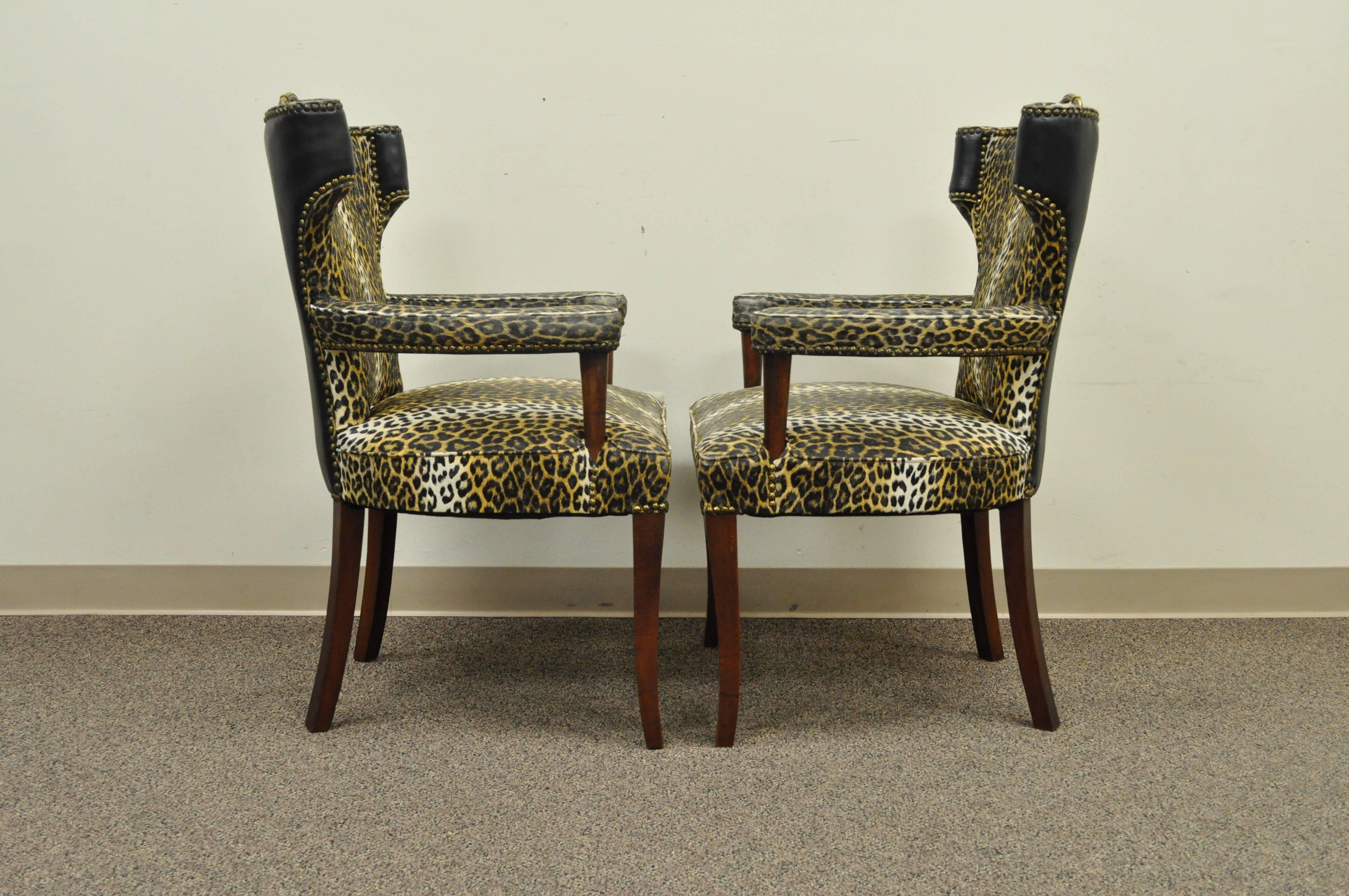 Pair of Dorothy Draper Hollywood Regency Leopard Printed Vinyl Curved Armchairs In Good Condition For Sale In Philadelphia, PA