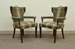 Pair of Dorothy Draper Hollywood Regency Leopard Printed Vinyl Curved Armchairs