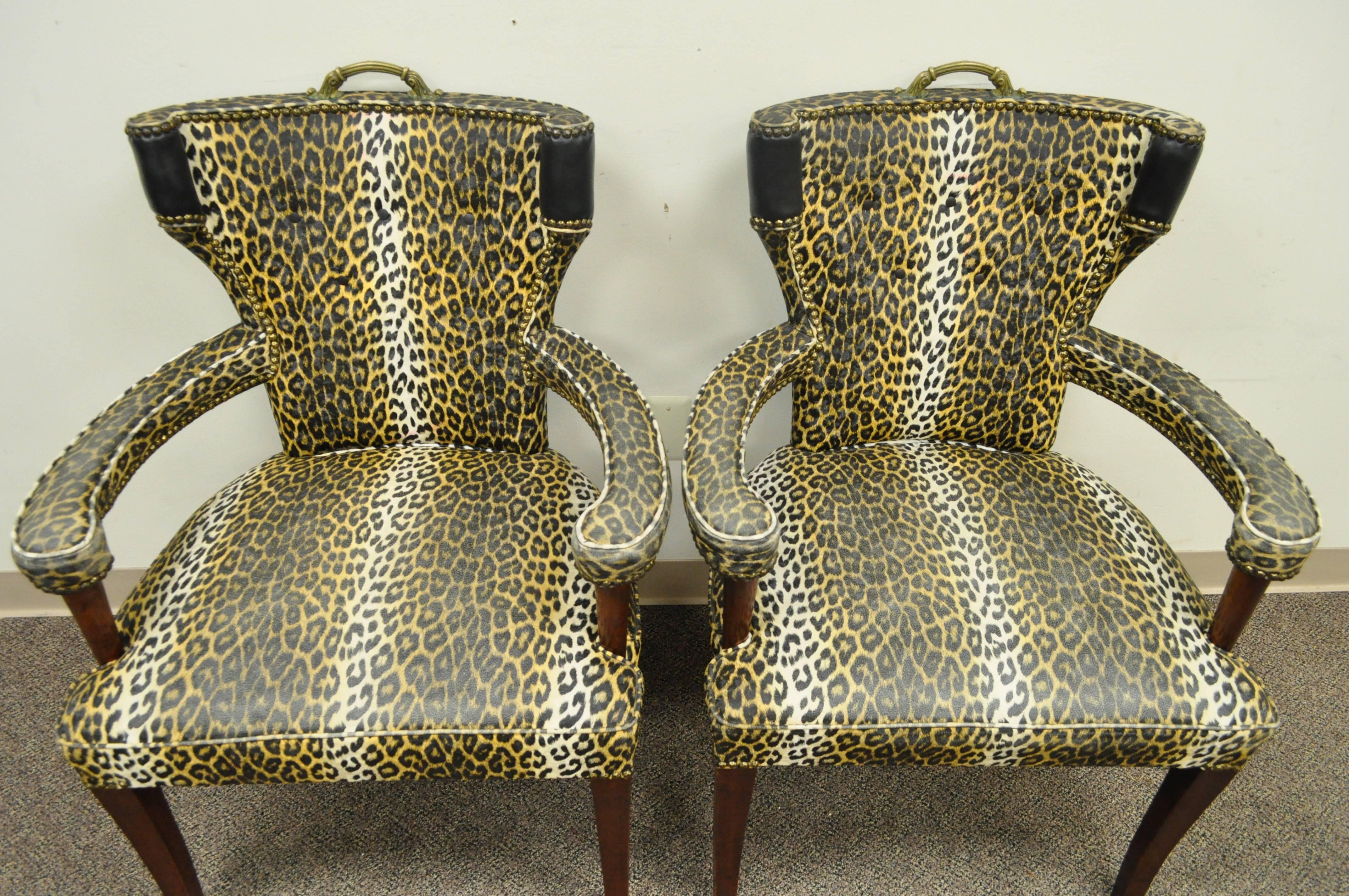 Mahogany Pair of Dorothy Draper Hollywood Regency Leopard Printed Vinyl Curved Armchairs For Sale