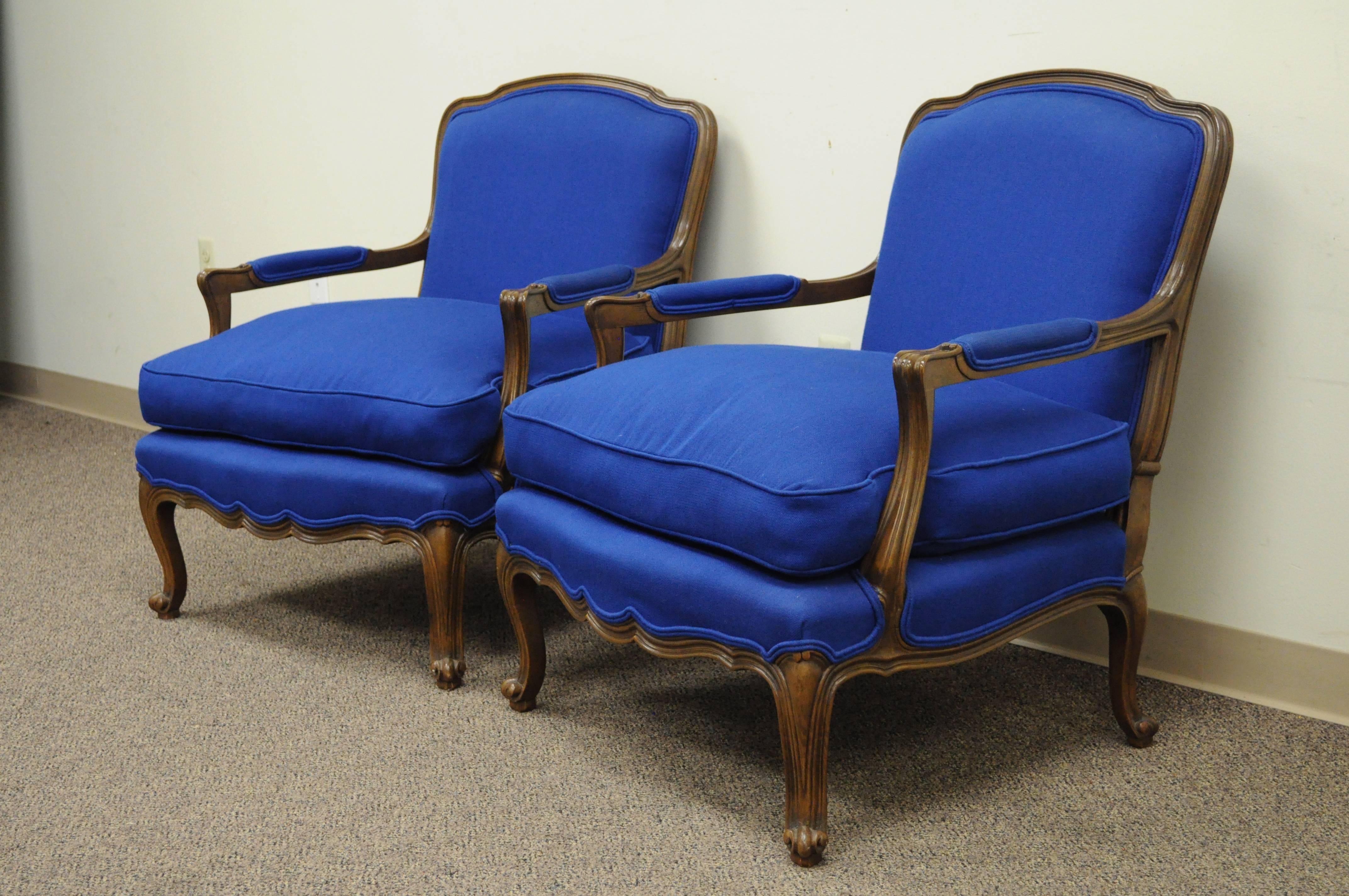 Pair Baker Furniture Provincial French Country Louis XV Blue Bergere Arm Chairs 2