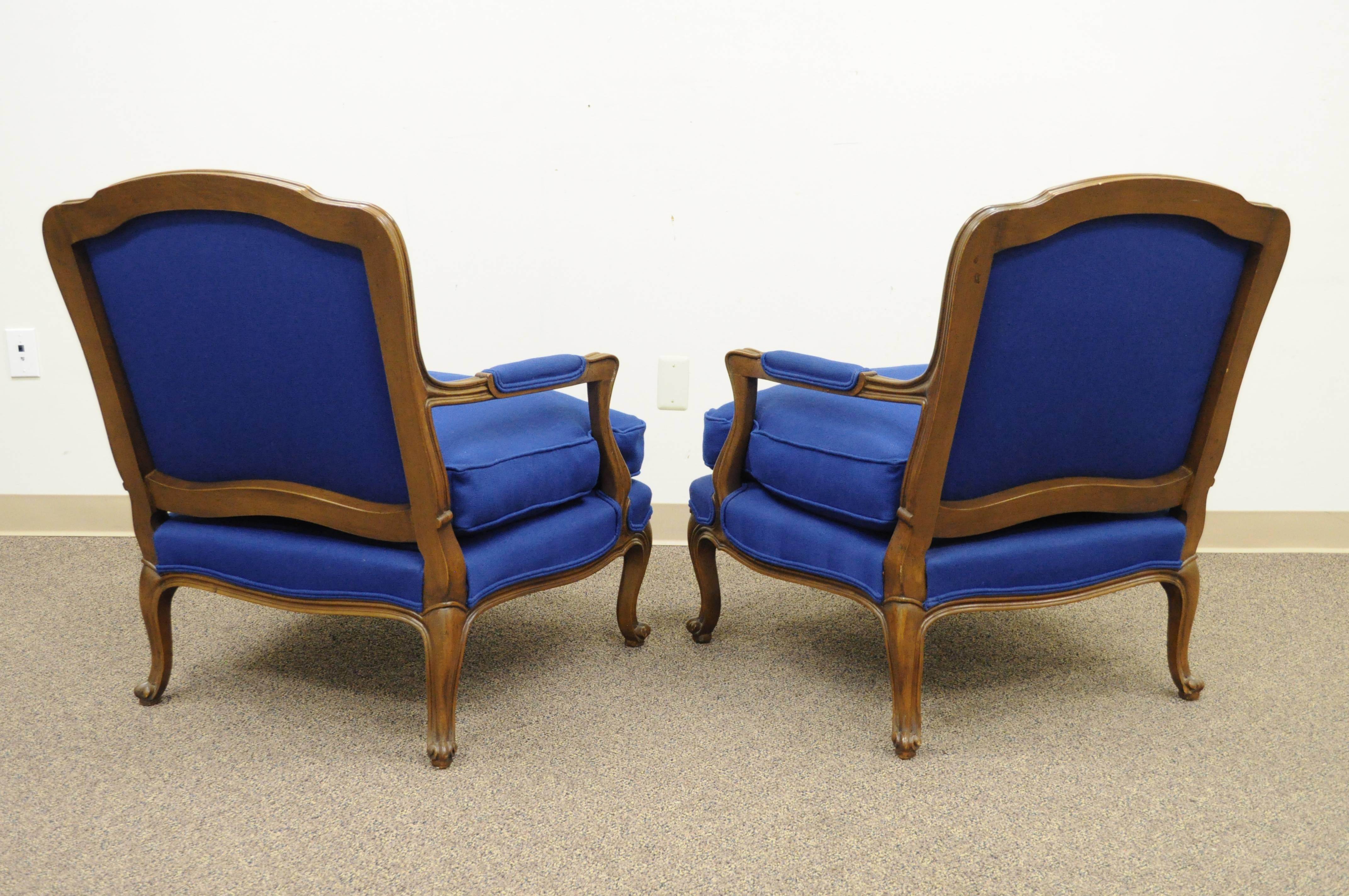 Pair Baker Furniture Provincial French Country Louis XV Blue Bergere Arm Chairs 1