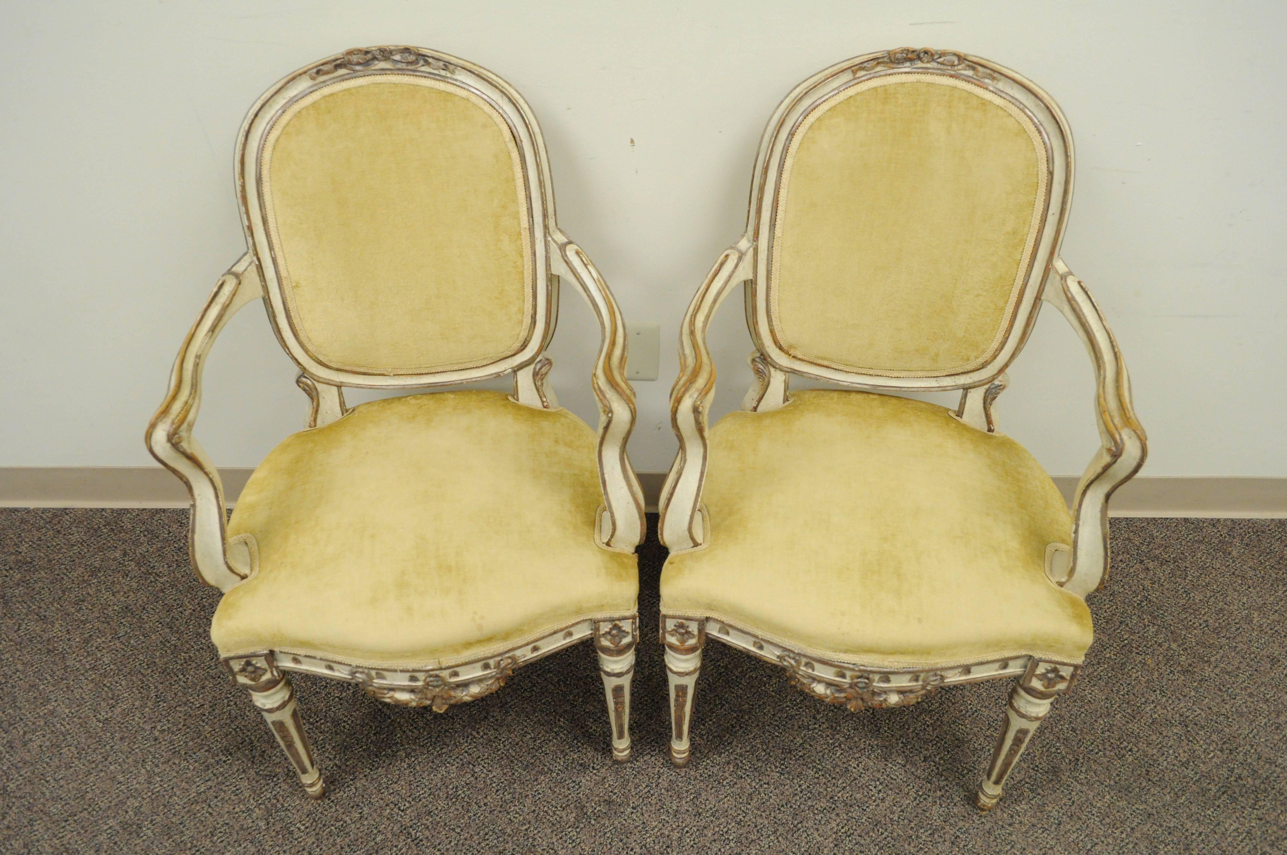 Wood Pair of 19th C Hand-Carved Italian Venetian Distress Painted Fauteuil Arm Chairs For Sale