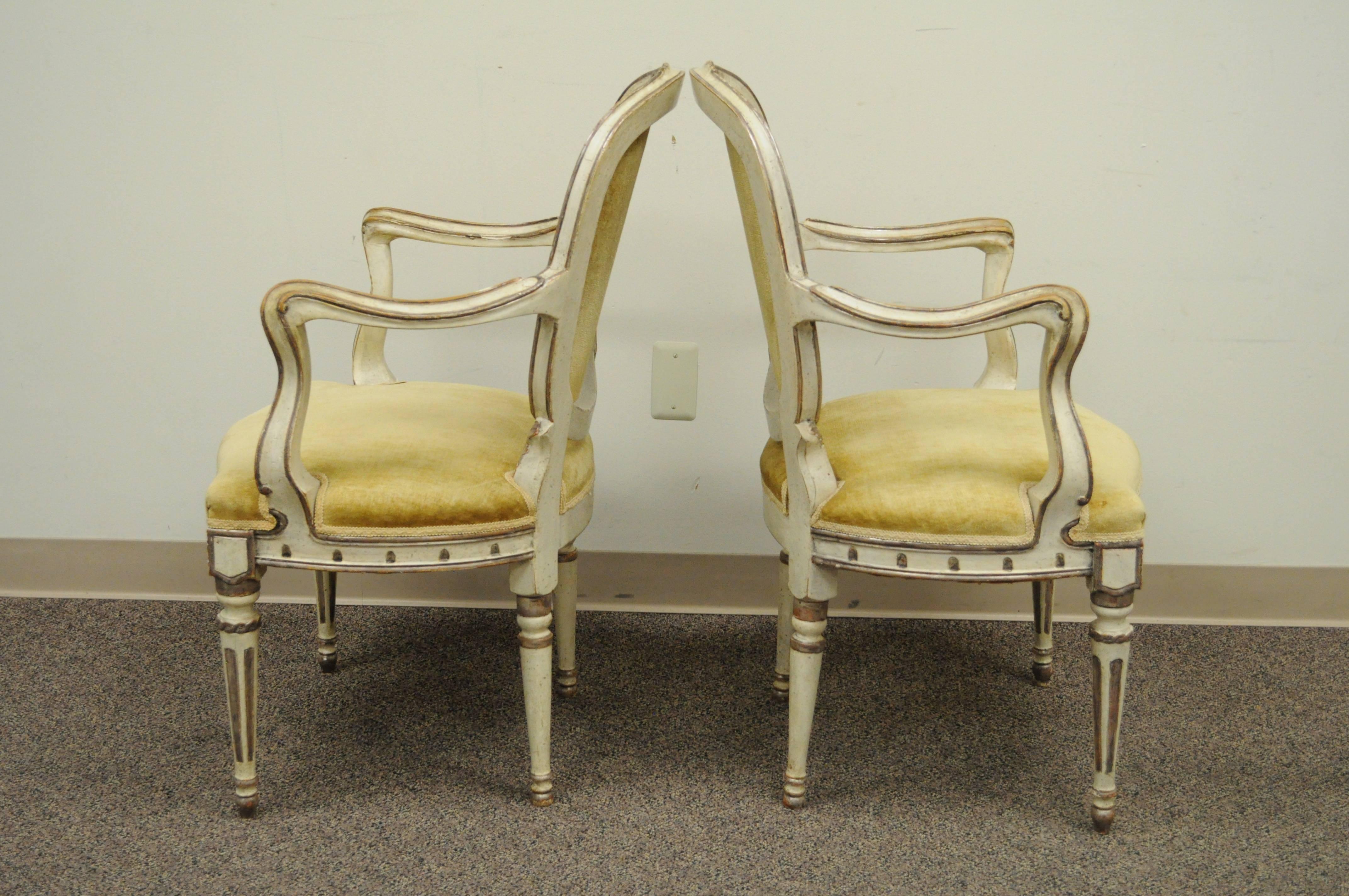 Louis XVI Pair of 19th C Hand-Carved Italian Venetian Distress Painted Fauteuil Arm Chairs For Sale