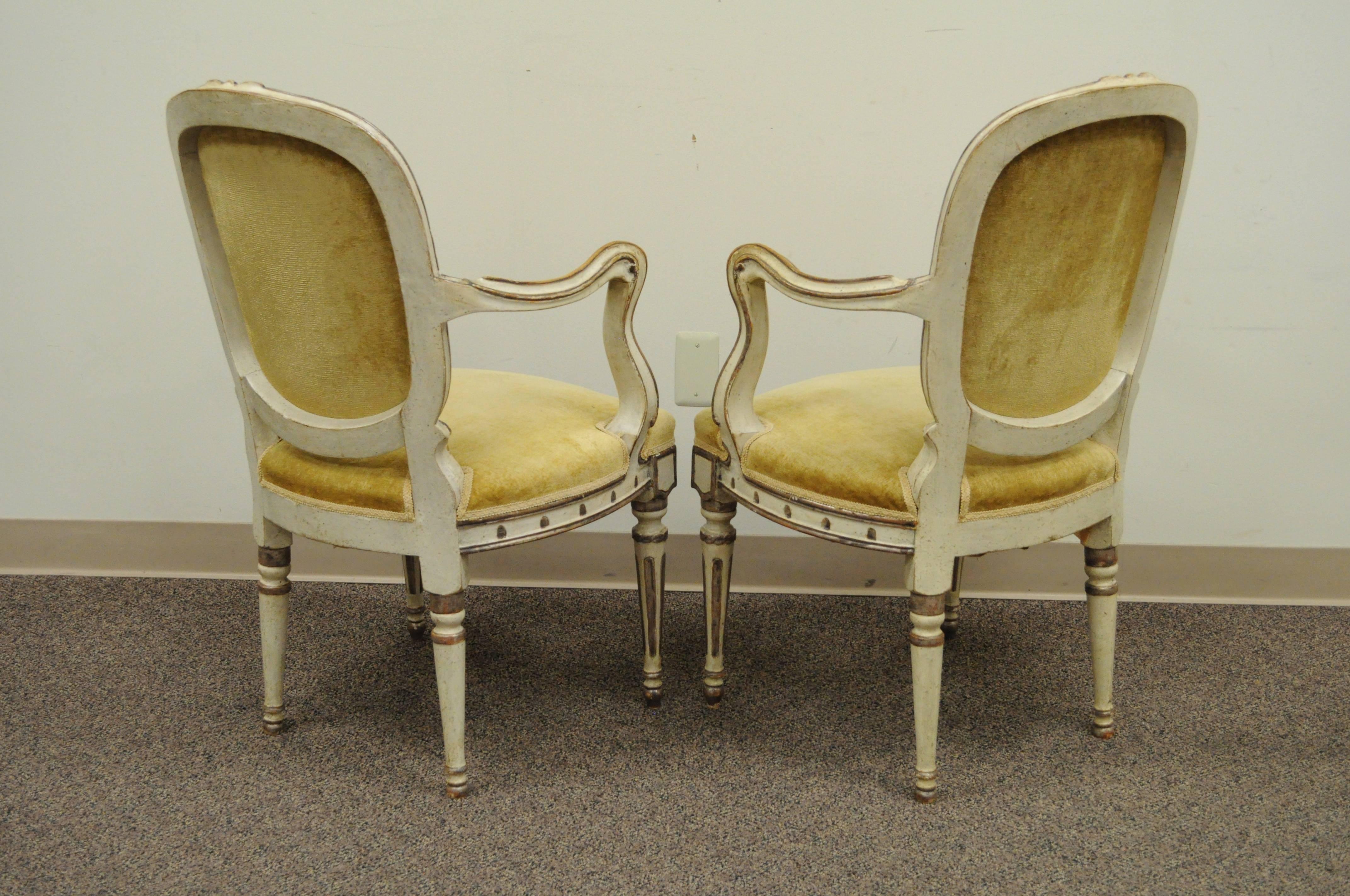 Pair of 19th C Hand-Carved Italian Venetian Distress Painted Fauteuil Arm Chairs For Sale 3