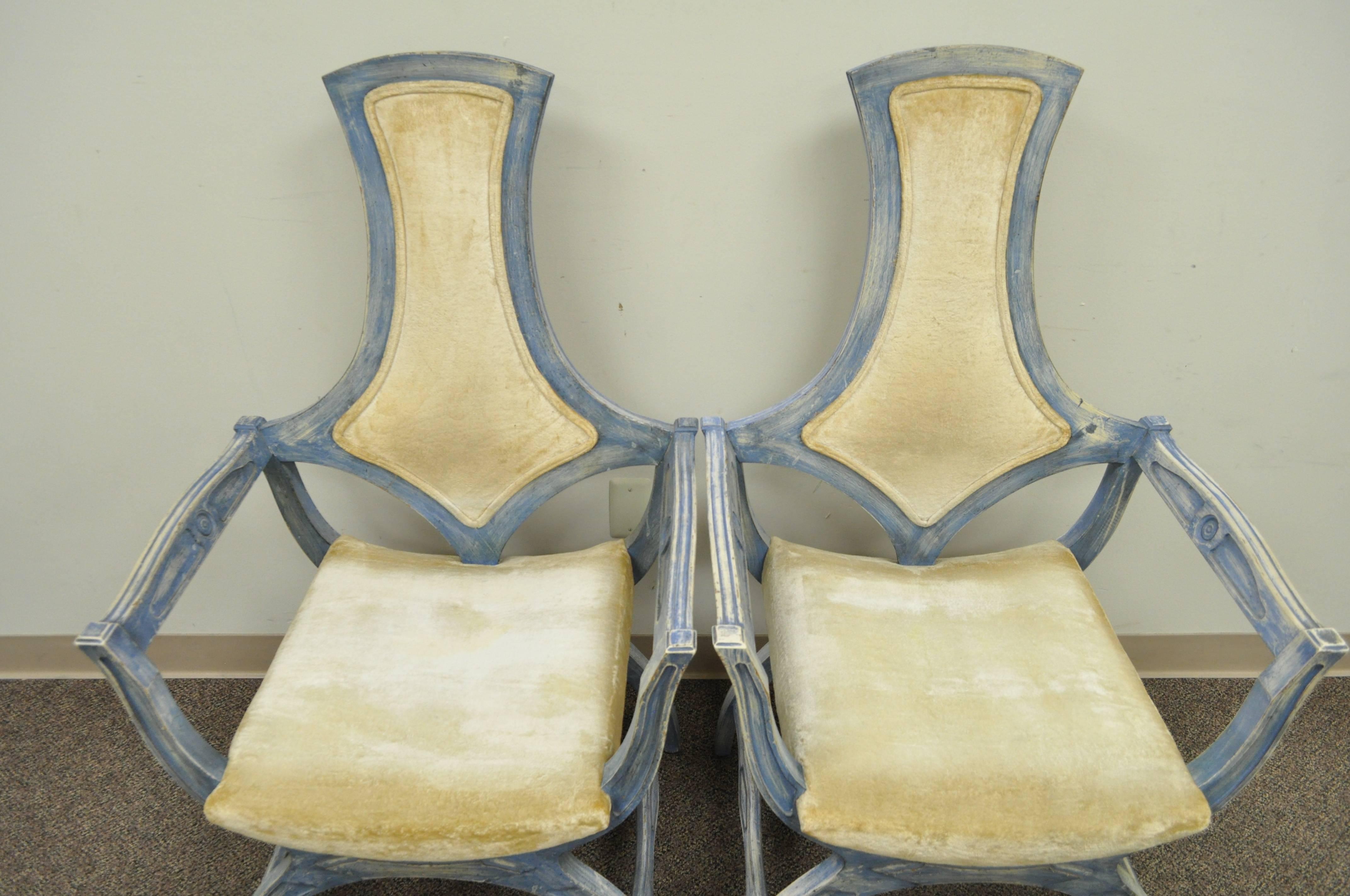 Carved Pair of Hollywood Regency Blue Curule Throne Armchairs after Dorothy Draper