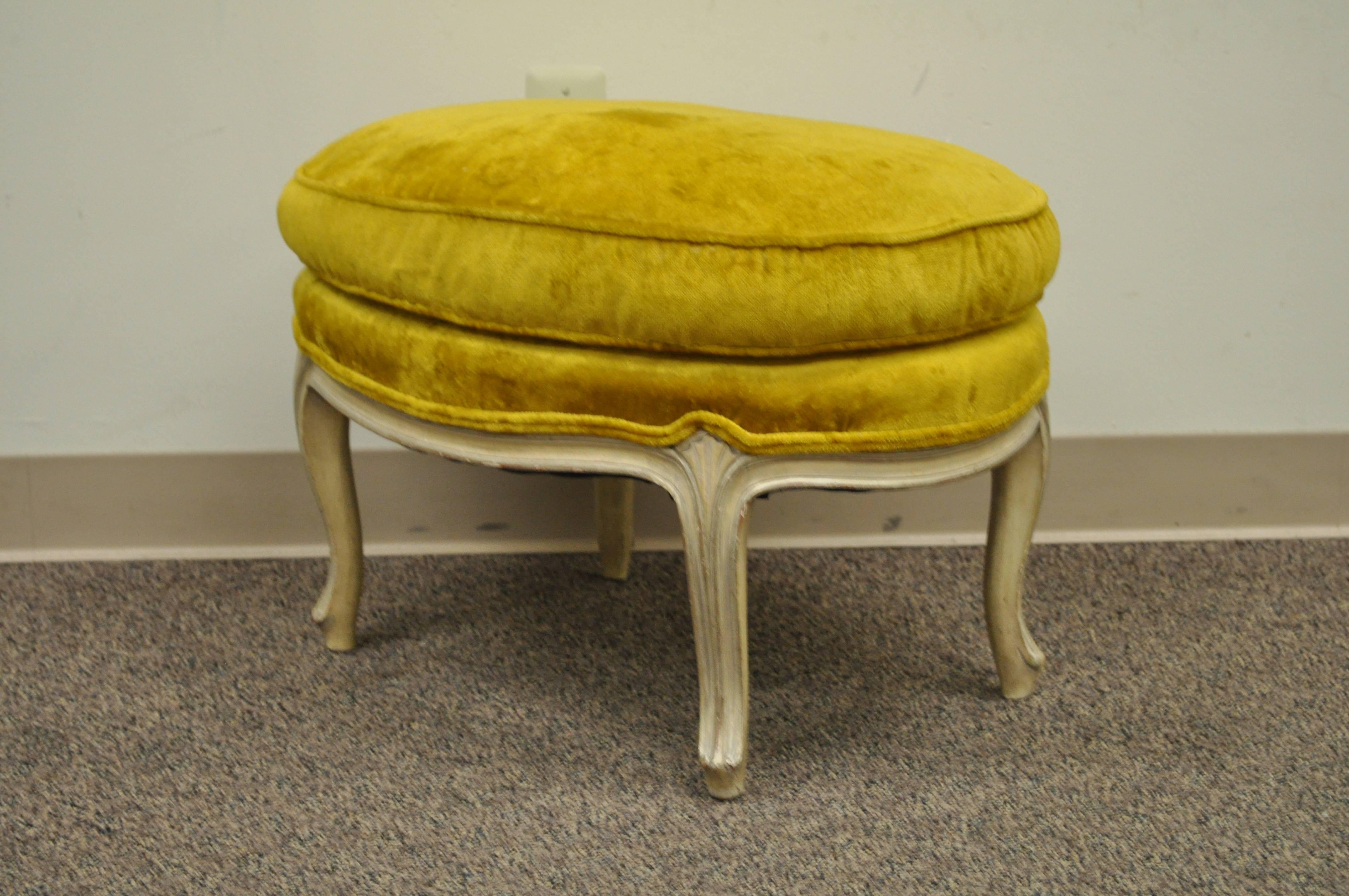 Wood Vintage French Louis XV Style Cream Painted Overstuffed Ottoman Oval Footstool