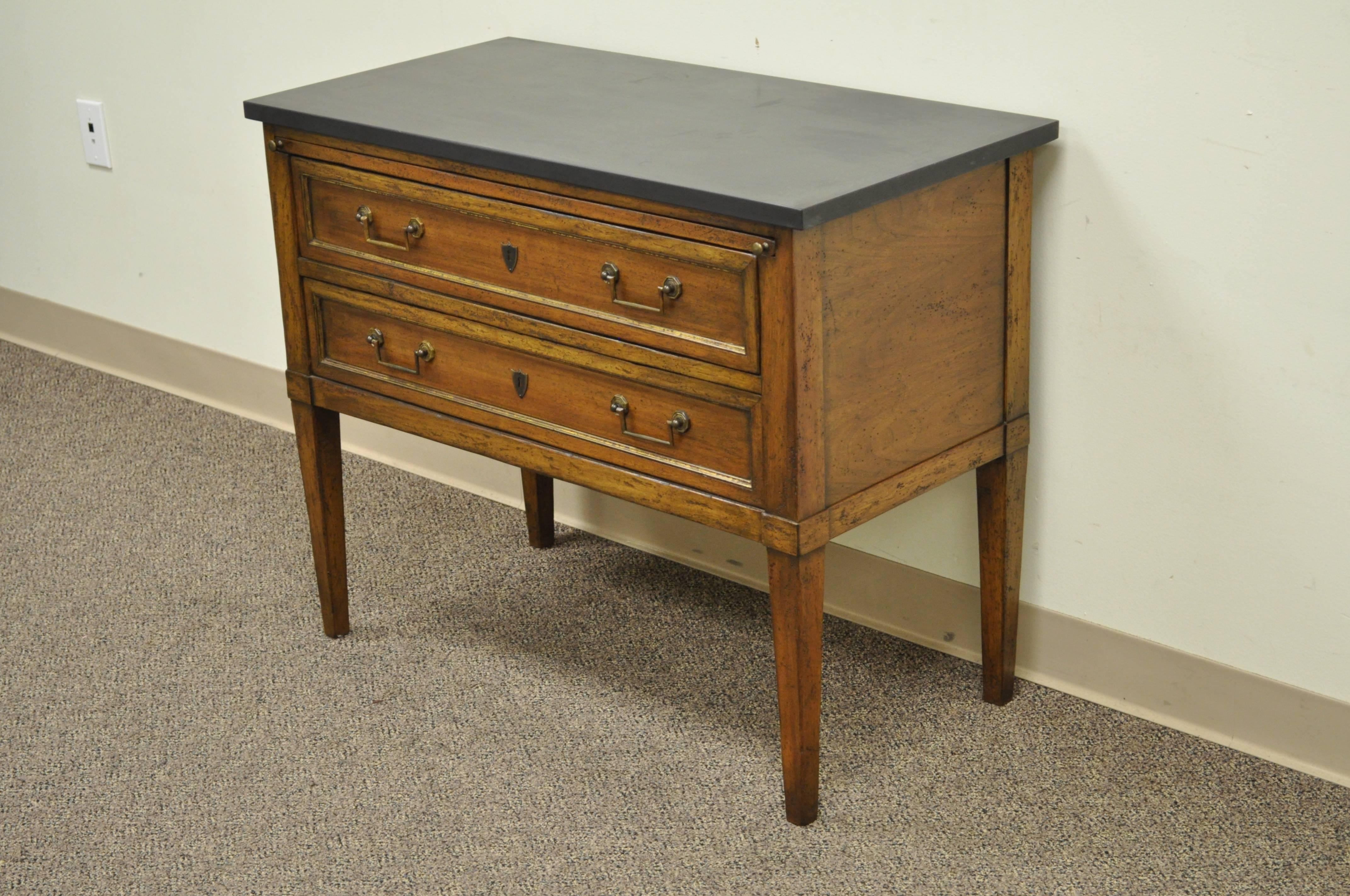 Remarkable quality, custom-made, solid cherry, slate top French Directoire style commode or chest by Customwood of Harrison, NY. Item features a pullout surface, two dovetail constructed lined drawers, black slate top, solid brass hardware,