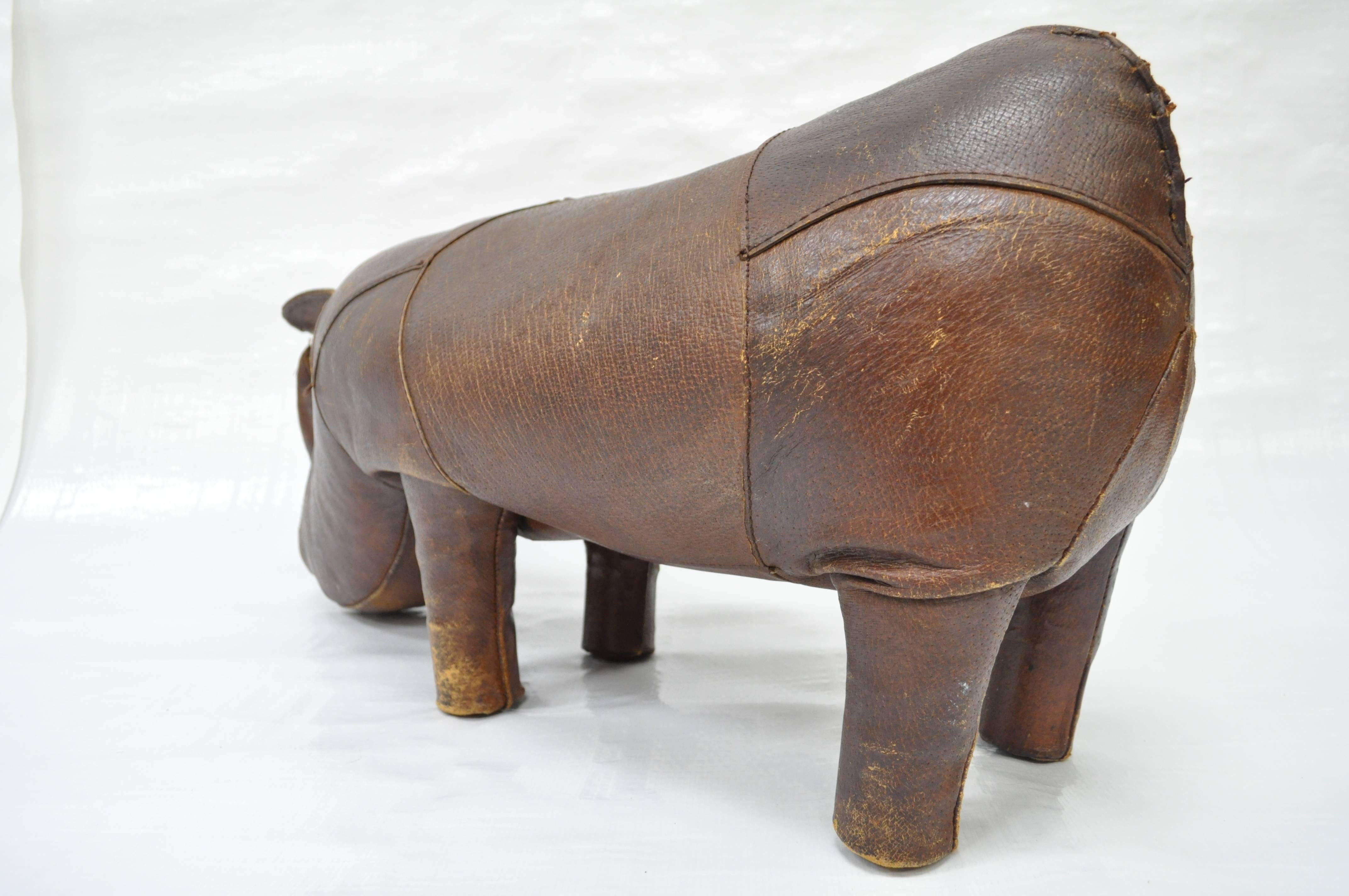 Mid-Century Modern Sarreid Brown Leather Rhinoceros Rhino Footstool Stool after Dimitri Omersa