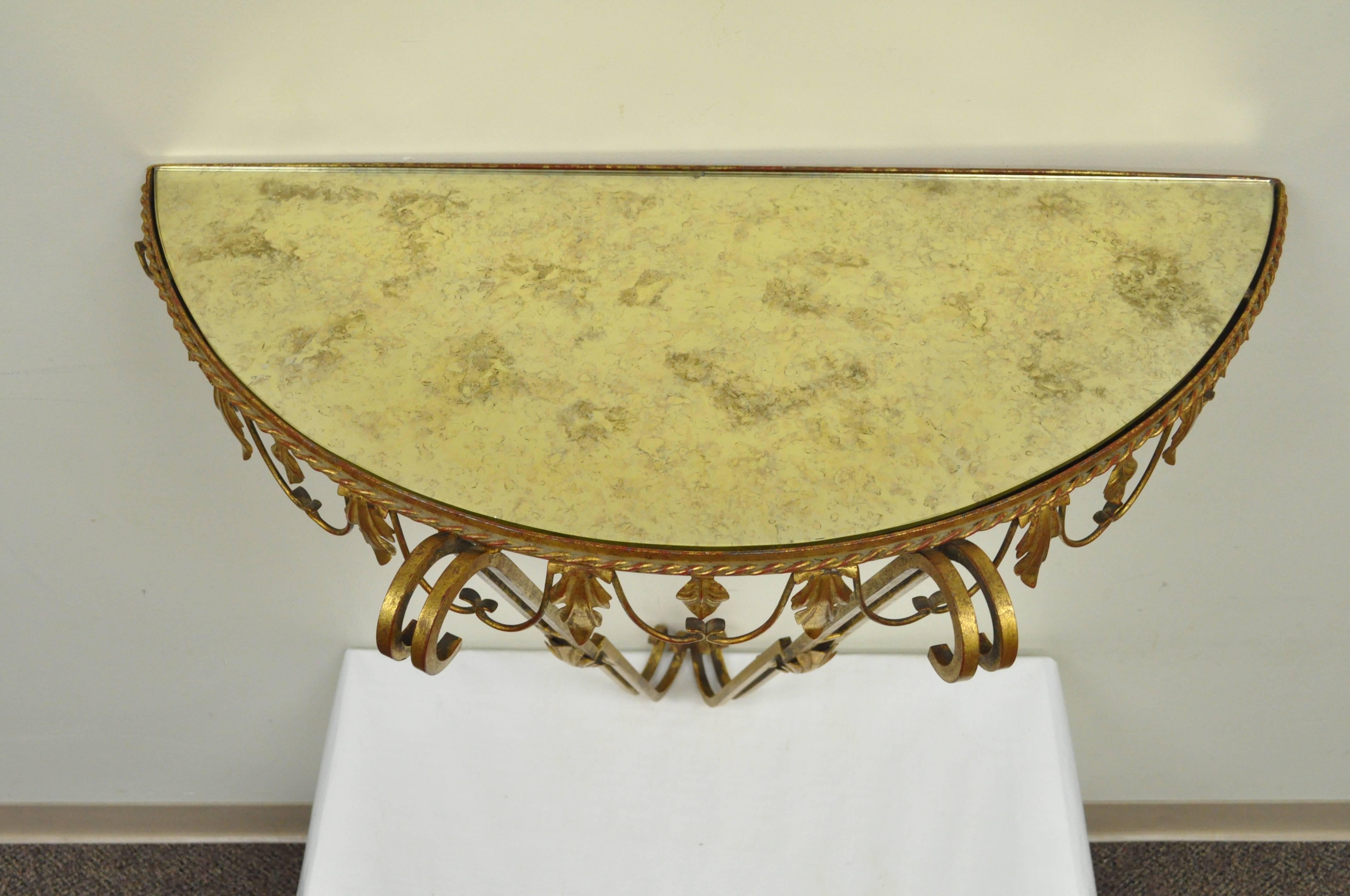 Adeco Italian Hollywood Regency Gold Gilt Metal Iron Mirror & Small Wall Console In Excellent Condition In Philadelphia, PA