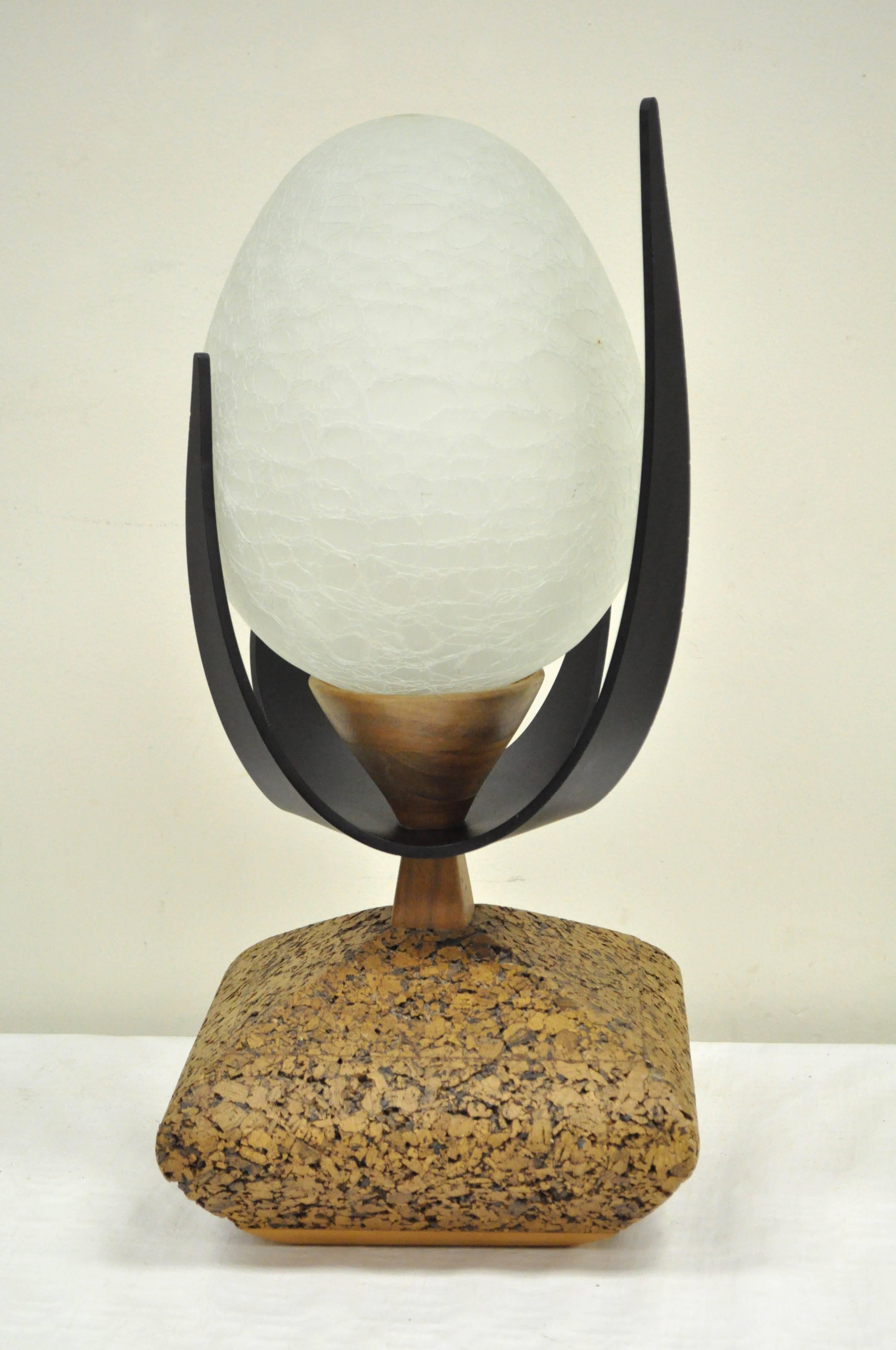 Mid-Century Modern Lynard of California Cork Crackled Glass Walnut Atomic Era Modern Egg Table Lamp For Sale