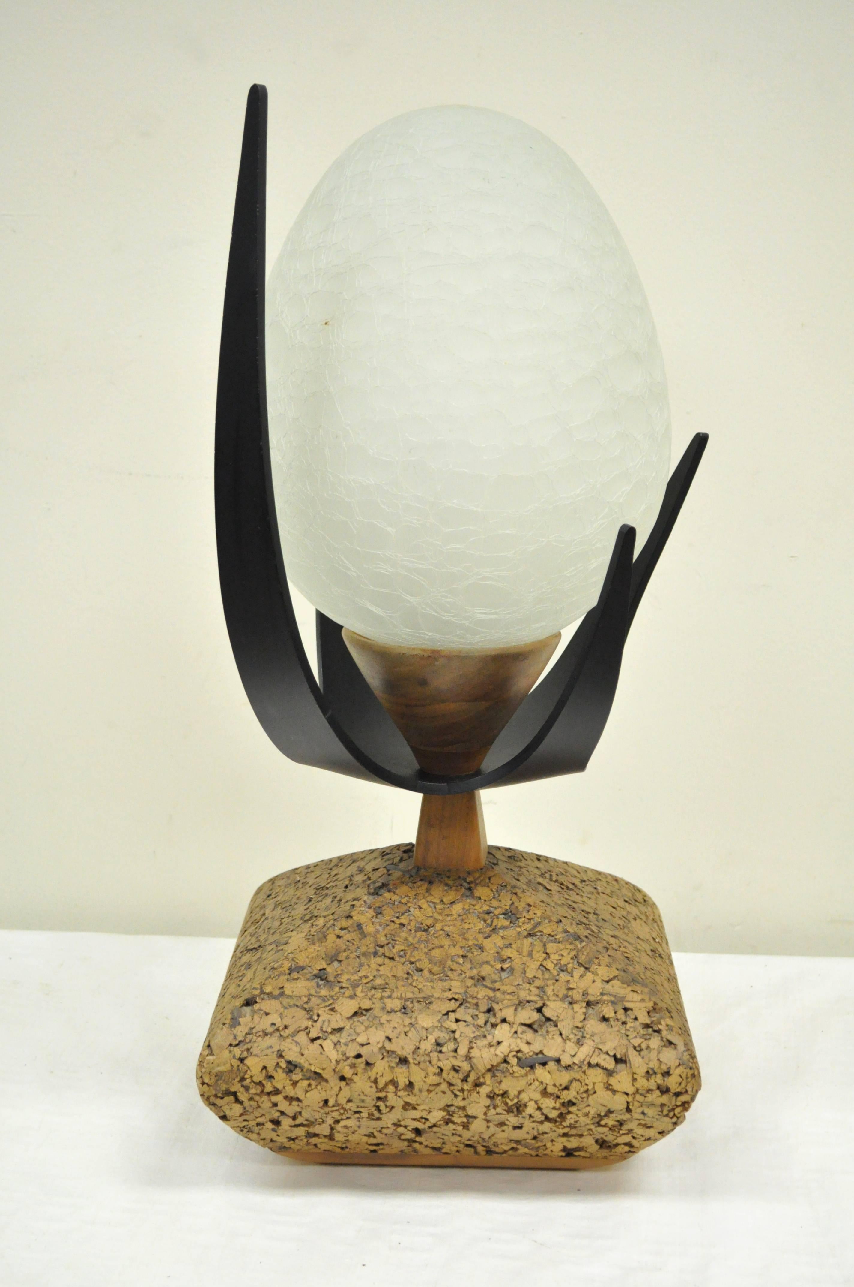 Lynard of California Cork Crackled Glass Walnut Atomic Era Modern Egg Table Lamp For Sale 3