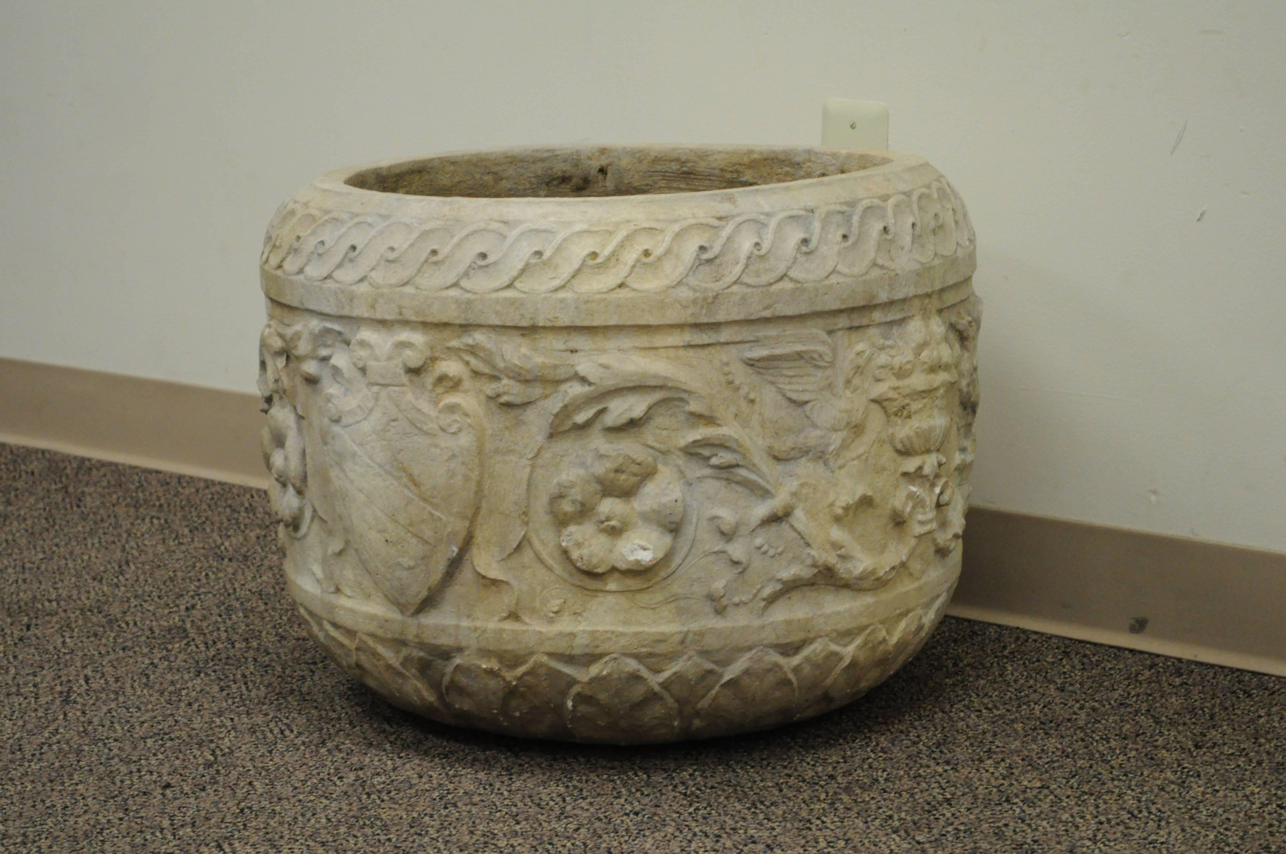 19th Century European Figural Hand-Carved Stone Planter Pot with Birds & Shield 6