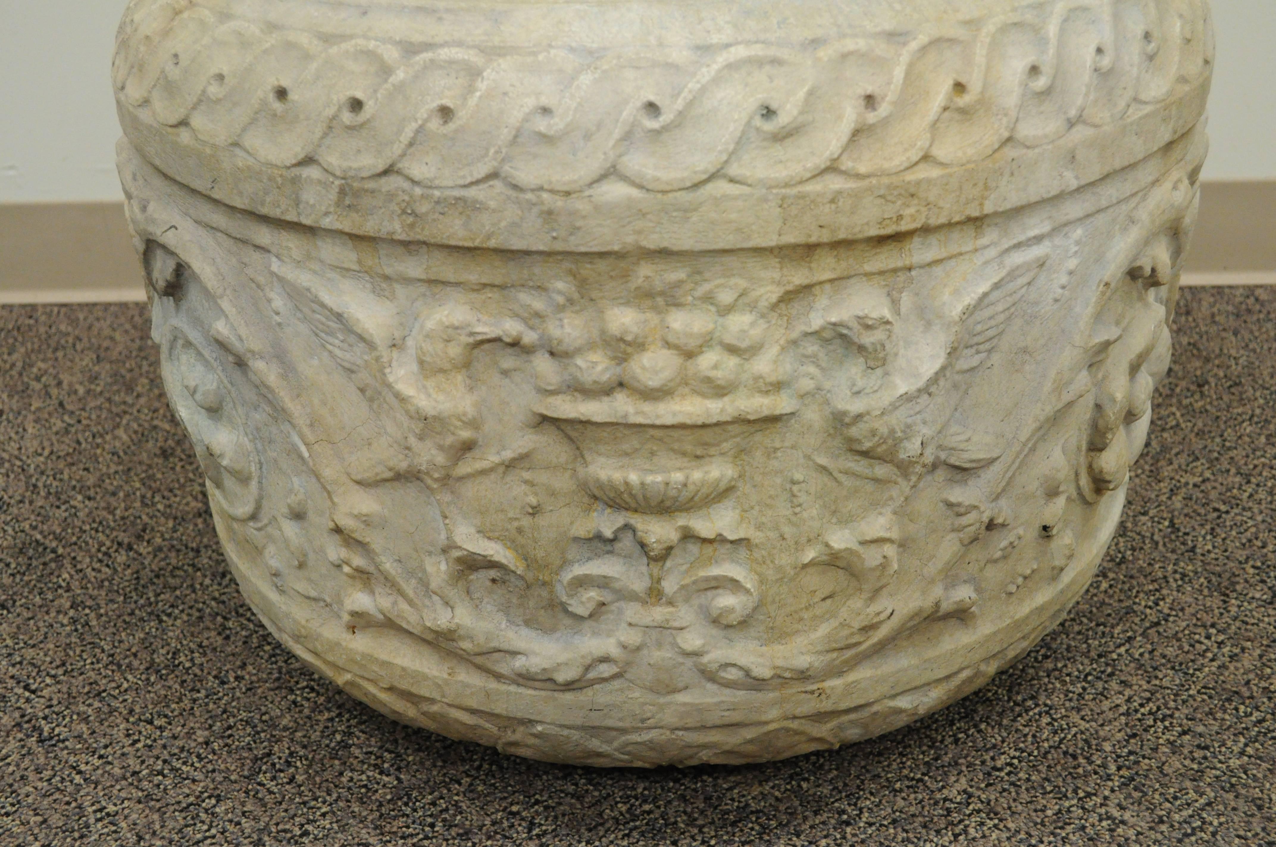 19th Century European Figural Hand-Carved Stone Planter Pot with Birds & Shield 2