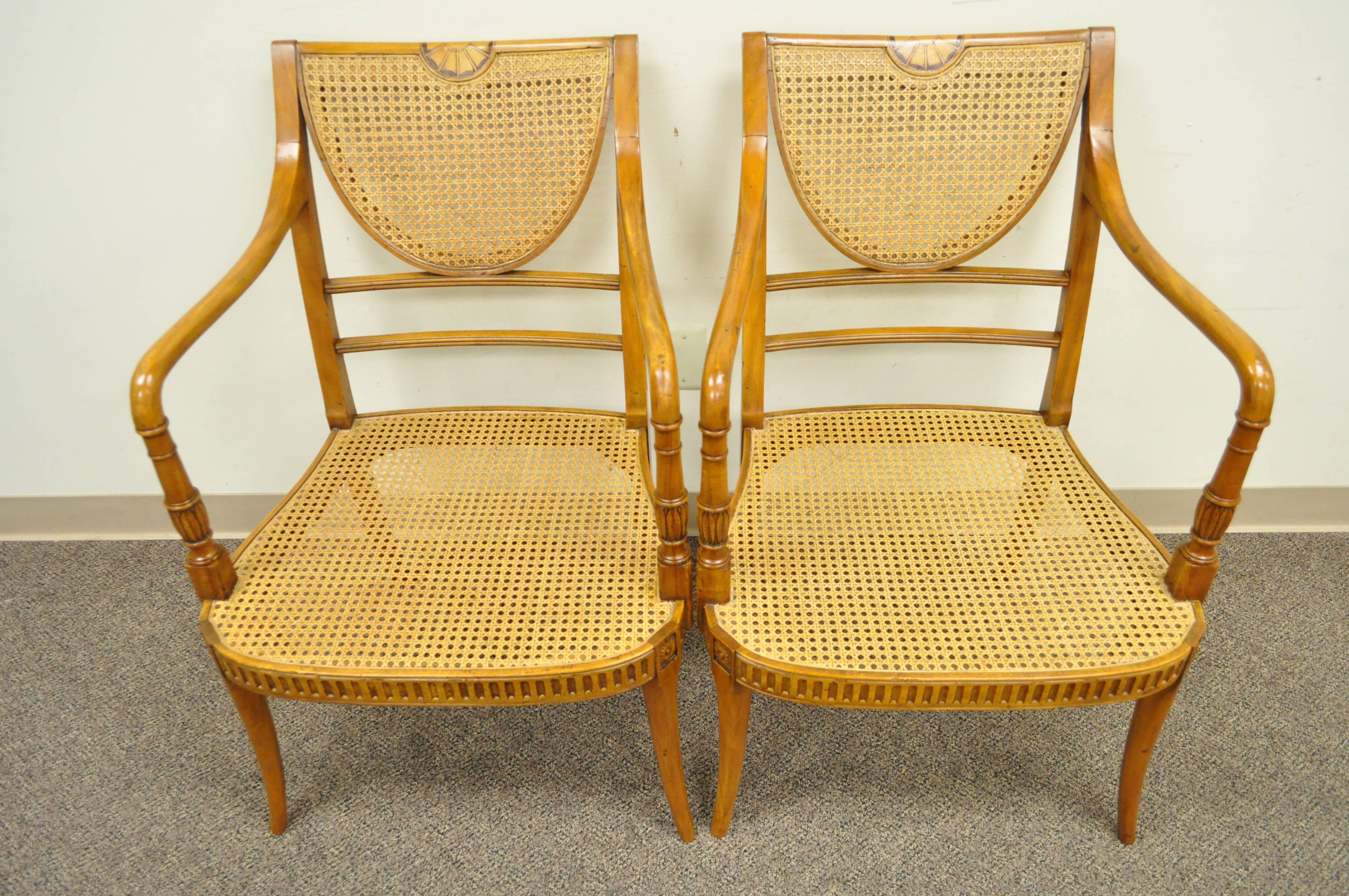 Mexican Pair of Hand-Carved Caned Regency Style Cambridge Armchairs by Alfonso Marina