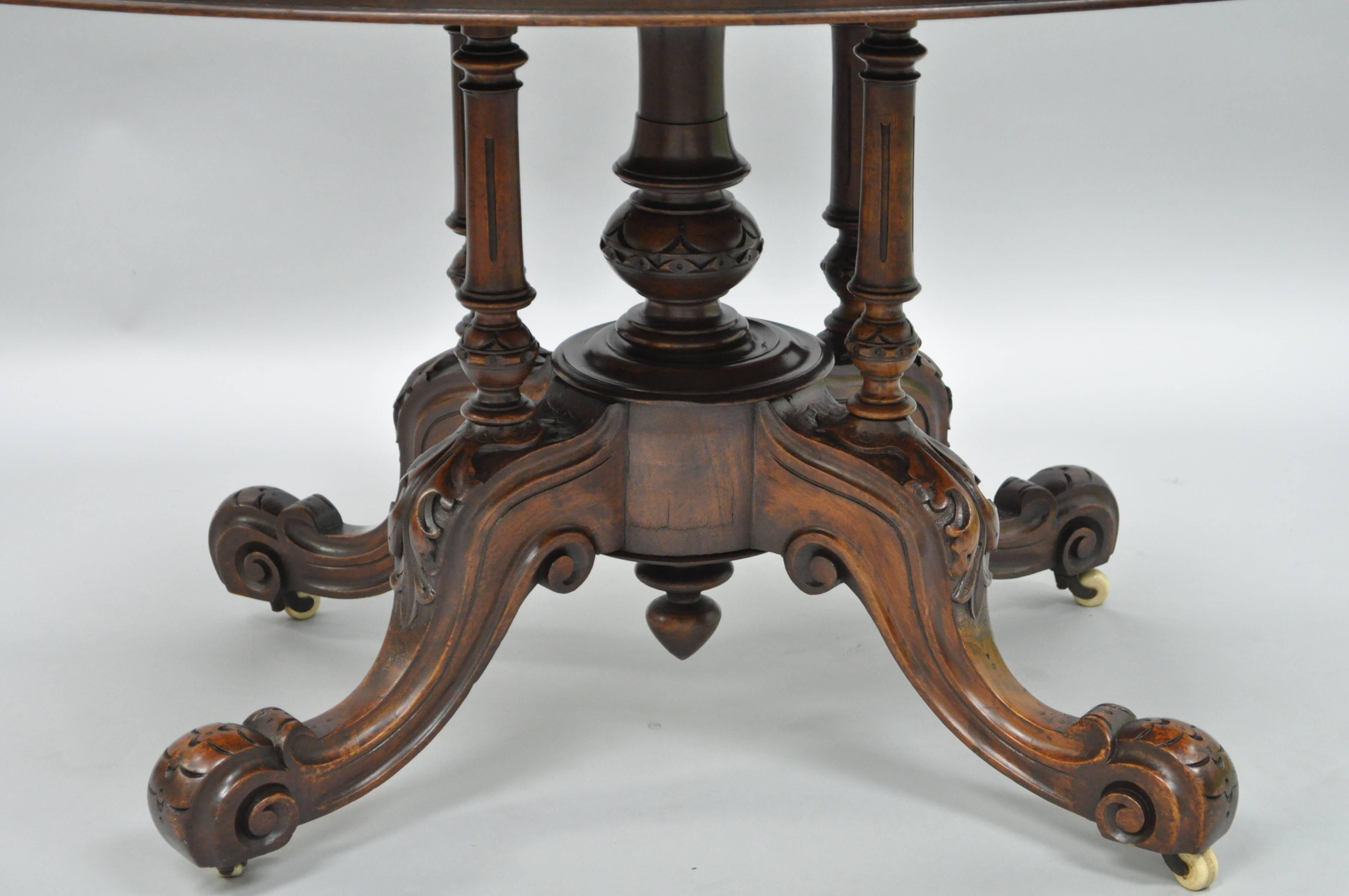 19th Century Victorian Carved Burl Walnut Tilt-Top Marquetry Inlay Center Table 1