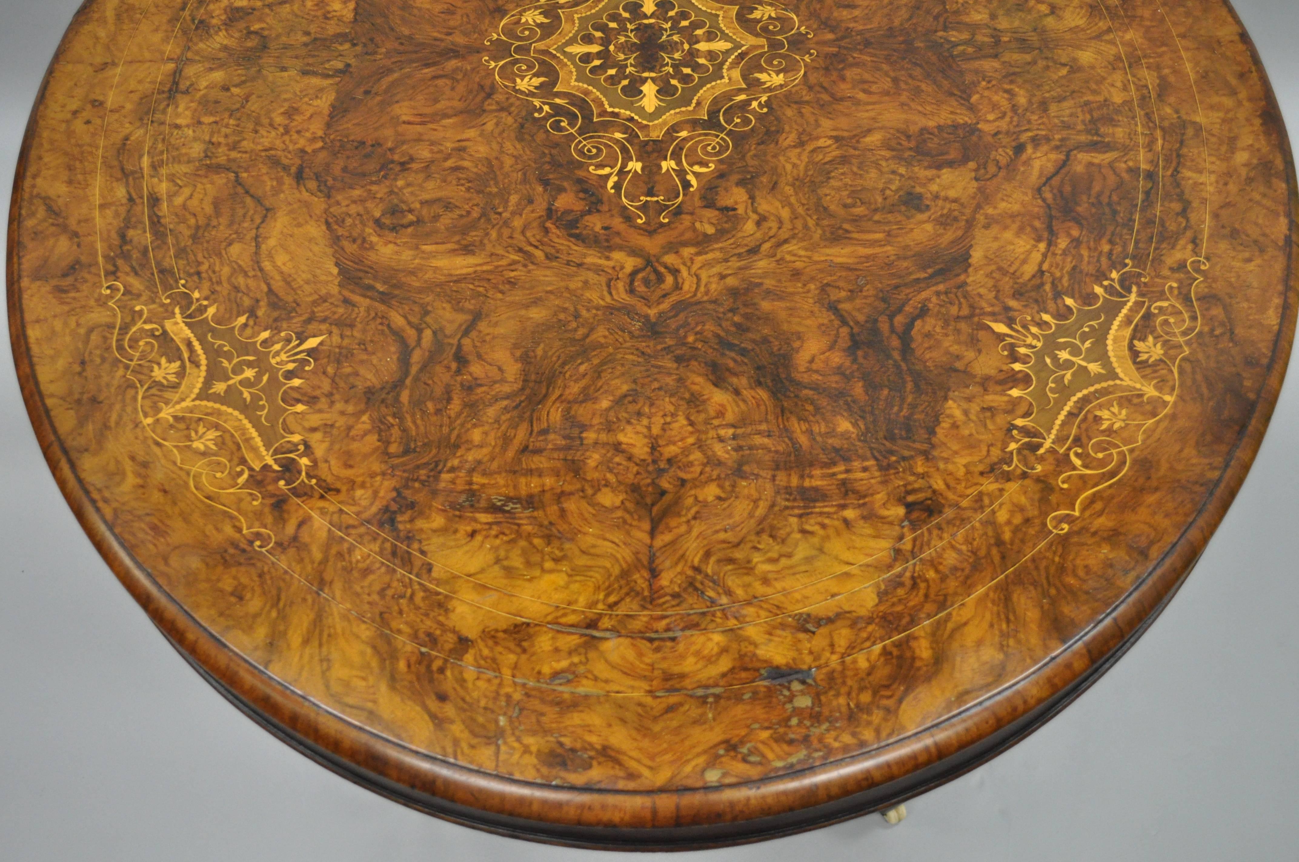 19th Century Victorian Carved Burl Walnut Tilt-Top Marquetry Inlay Center Table 2