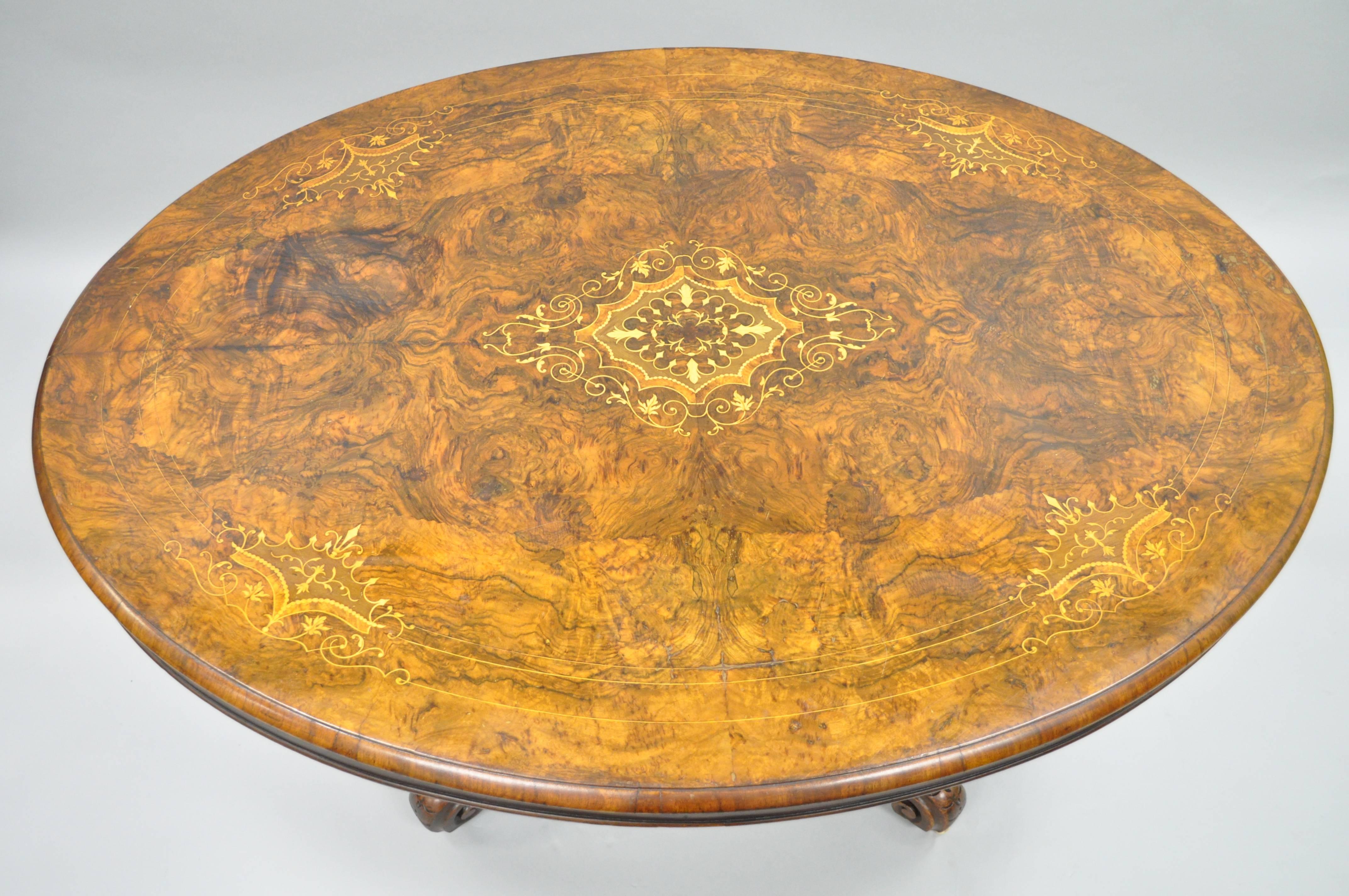 19th Century Victorian Carved Burl Walnut Tilt-Top Marquetry Inlay Center Table In Good Condition In Philadelphia, PA