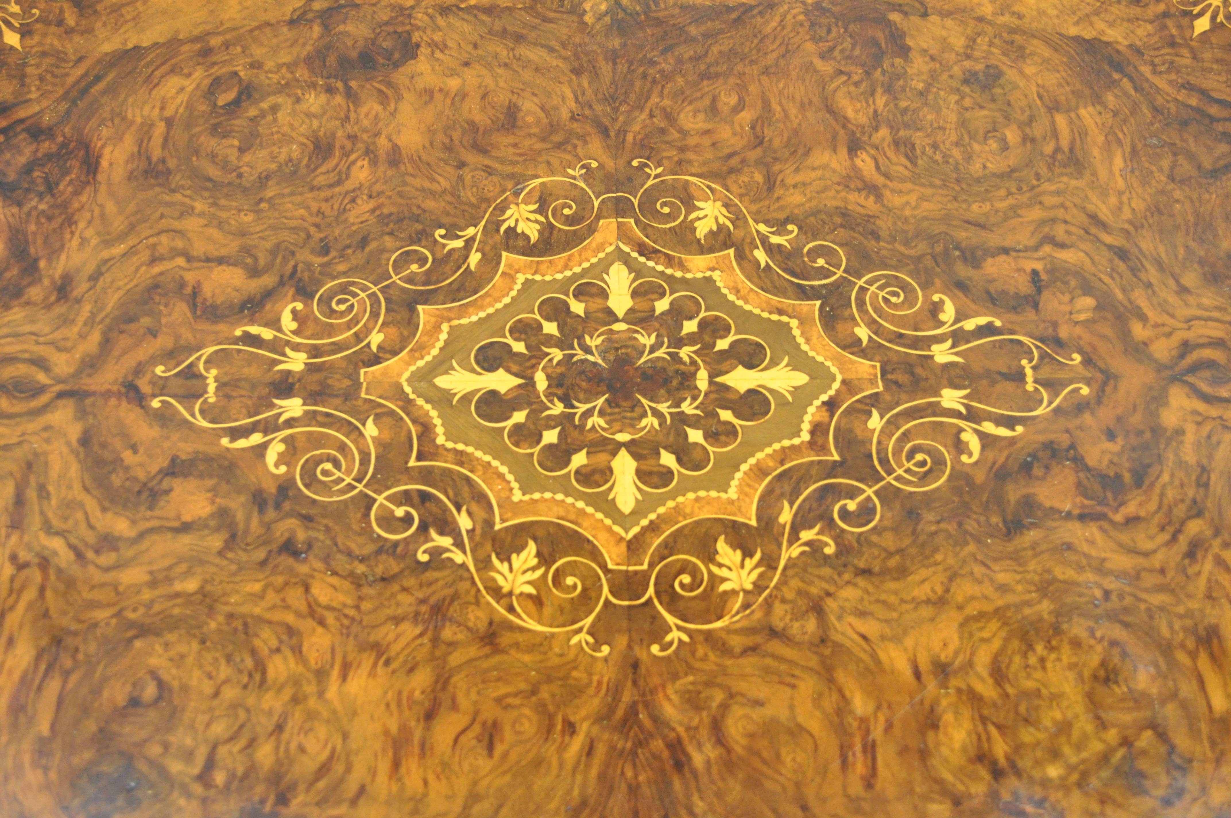 Late 19th Century 19th Century Victorian Carved Burl Walnut Tilt-Top Marquetry Inlay Center Table