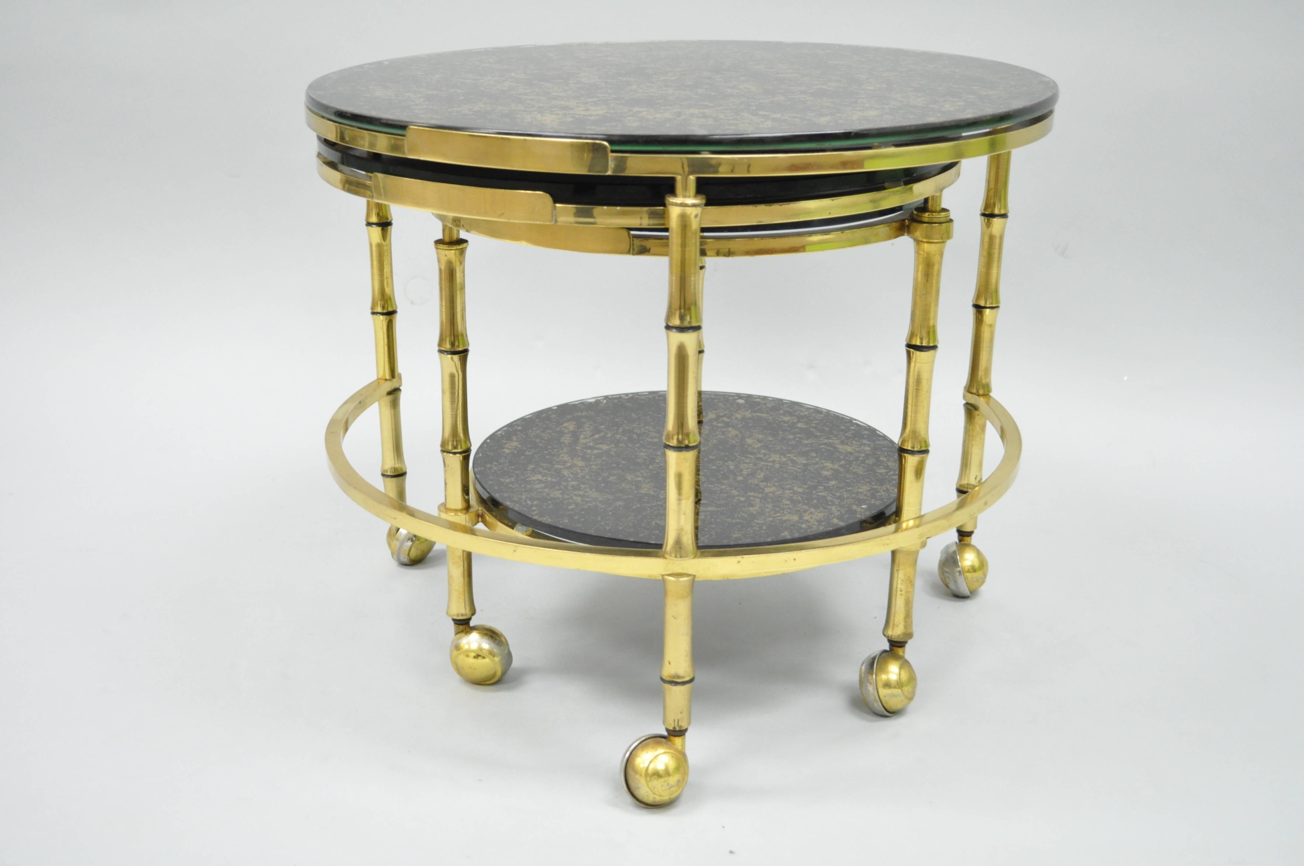 Brass and Glass Faux Bamboo Round Nesting Expanding Cocktail Coffee Side Table For Sale 2