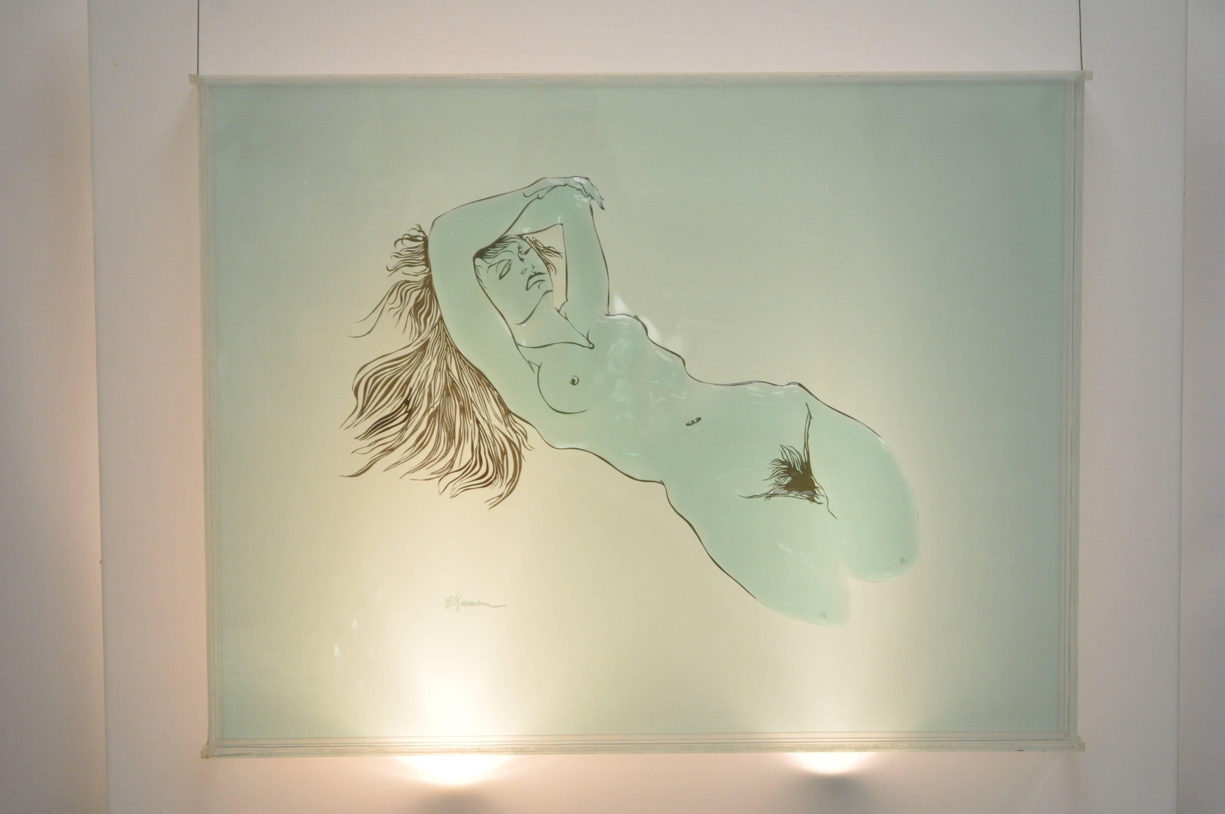 Vintage 1970s, encased acrylic nude woman wall art sculpture by Eugene Massin (American 1920-2003). This Mid-Century Modern artwork consists of a boxed acrylic encased nude female form (31