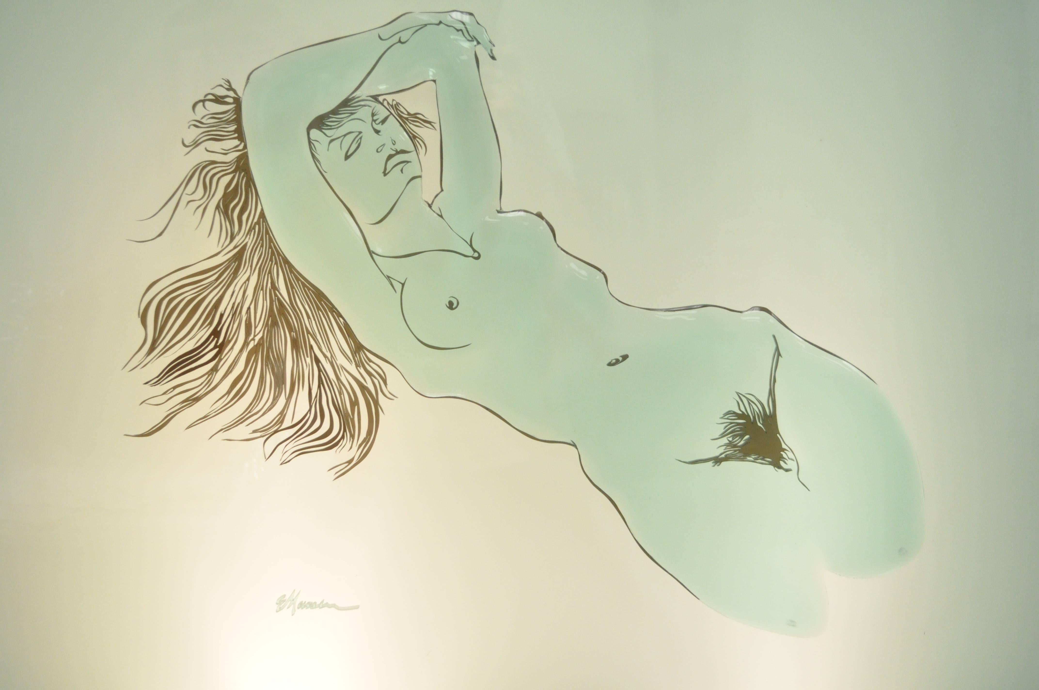 Grande sculpture murale en forme de boîte en acrylique et lucite représentant une femme nue, Eugene Massin, 45 x51 en vente 3