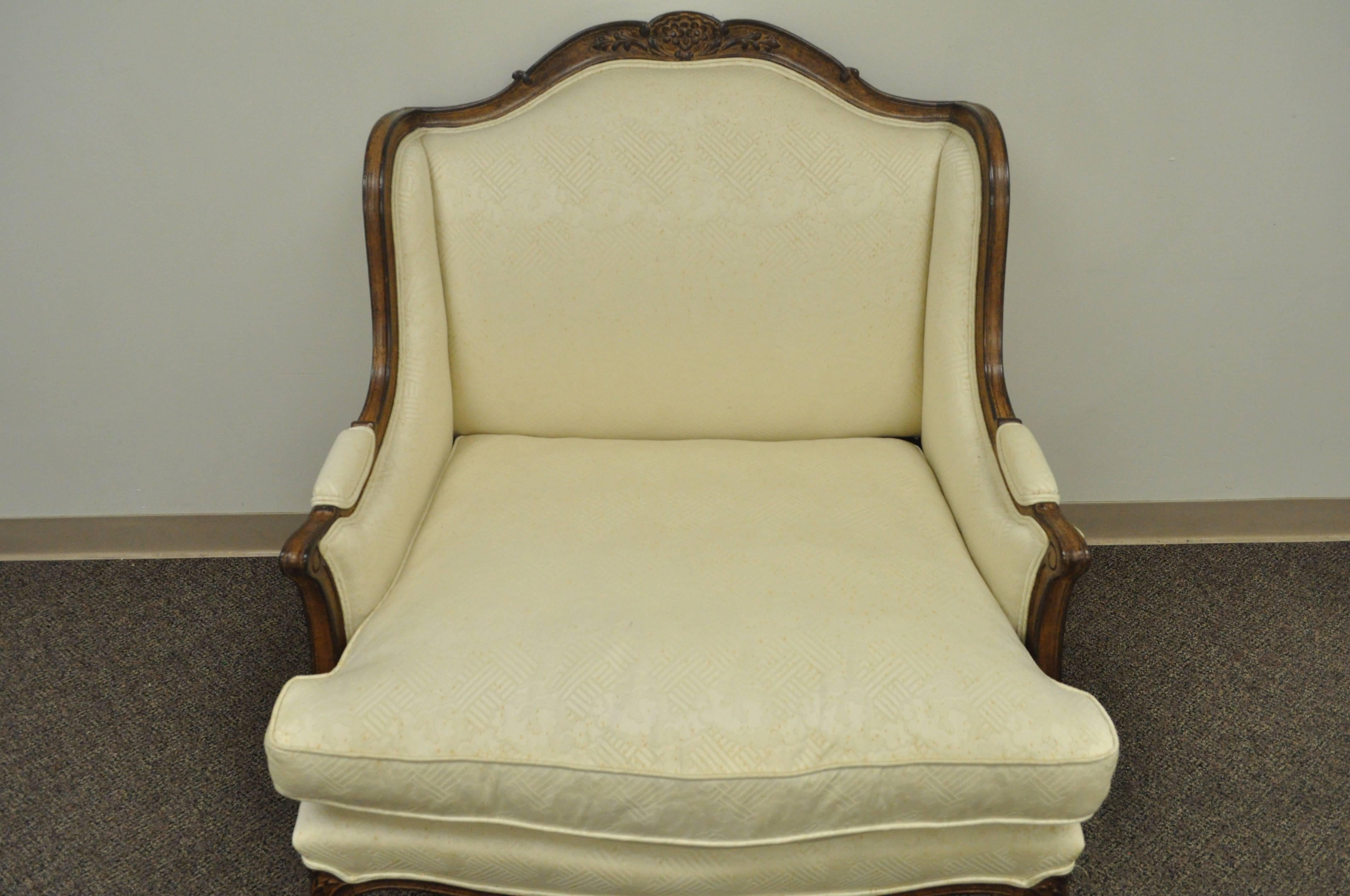Mid-20th Century Vintage Wide Frame French Country Louis XV Style Floral Carved Bergere Arm Chair