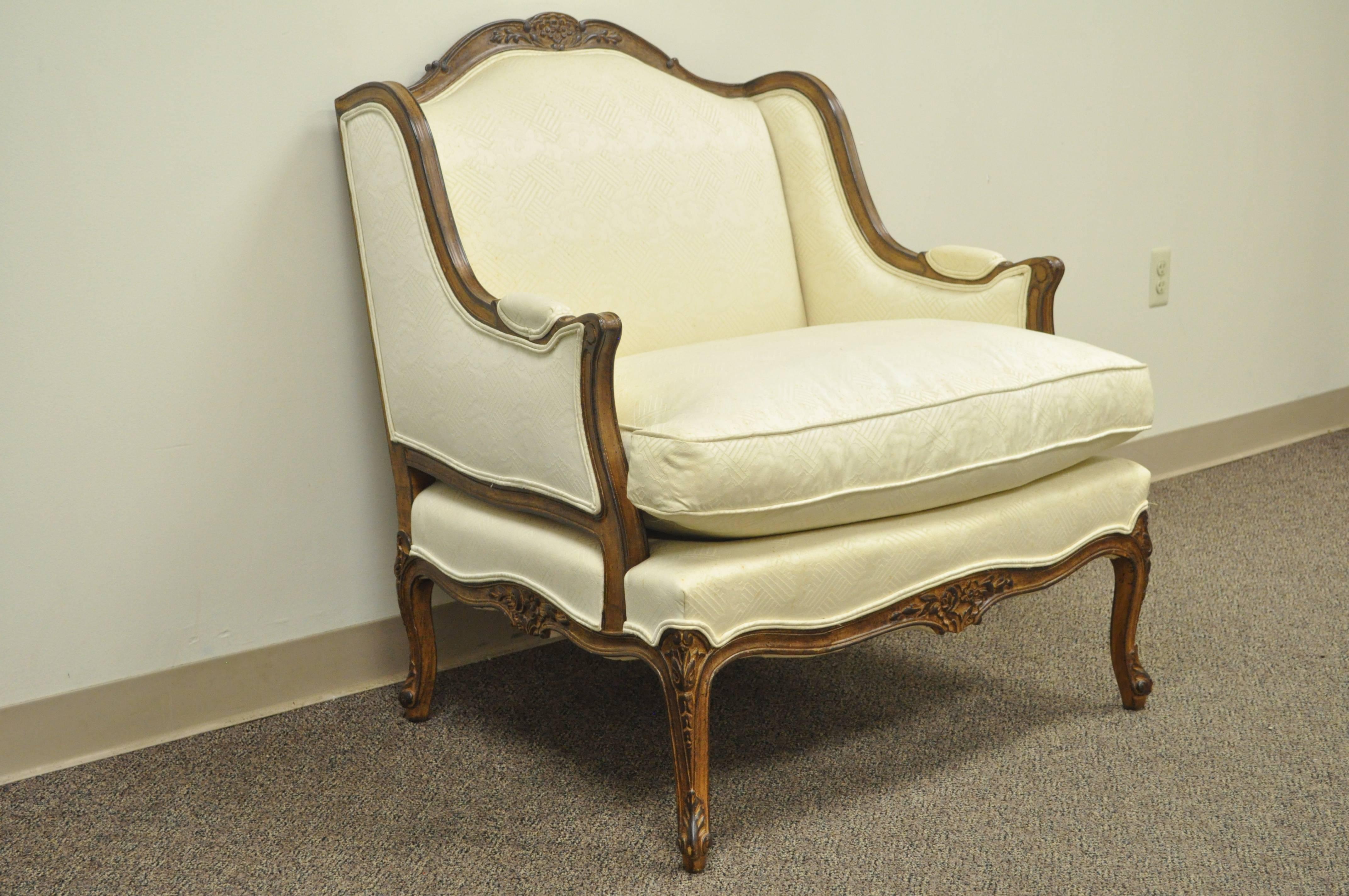 Vintage Wide Frame French Country Louis XV Style Floral Carved Bergere Arm Chair 1