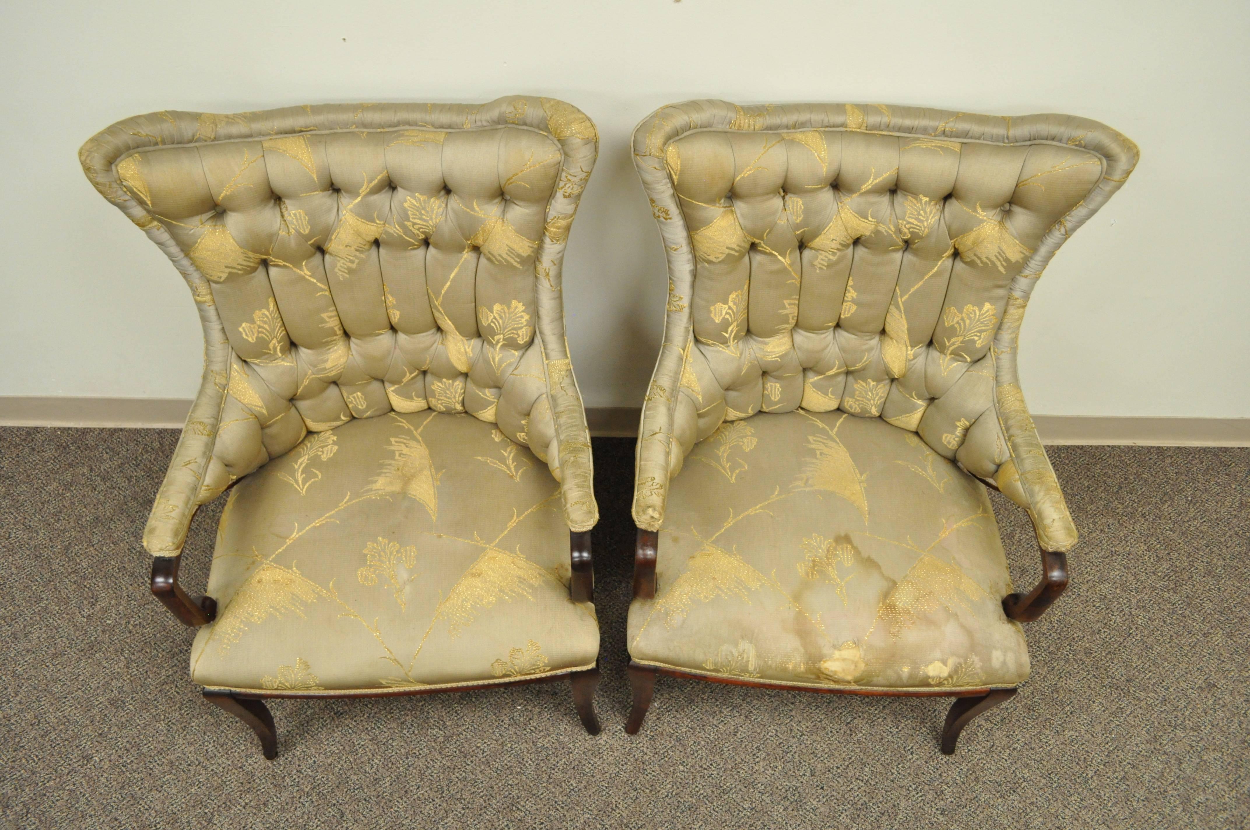 Fabric Pair Grosfeld House Hollywood Regency Mahogany Lounge Arm Chairs Dorothy Draper For Sale