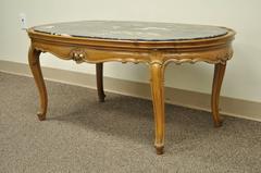 French Provincial Louis XV Country Style Oval Marble Top Walnut Coffee Table