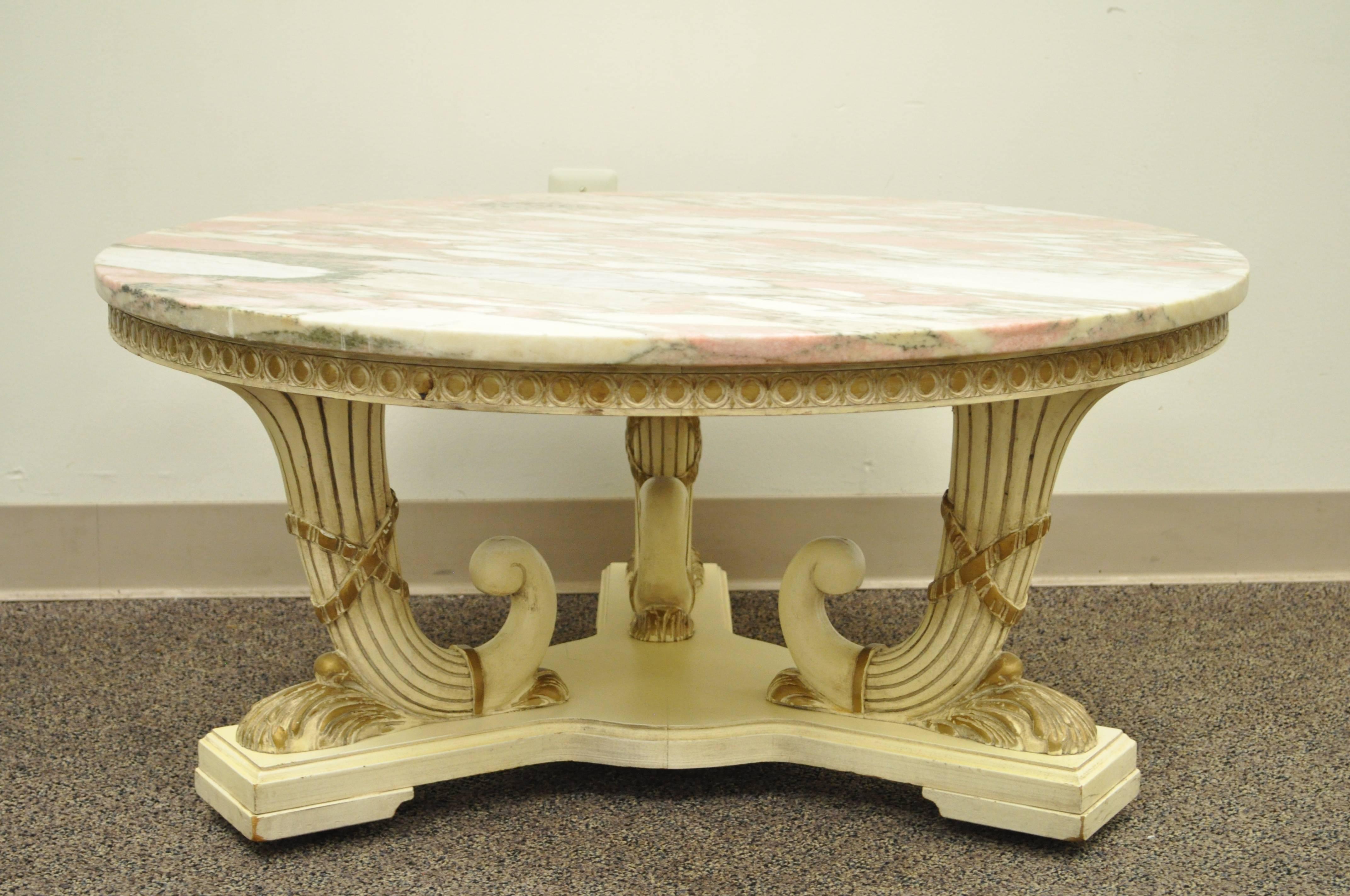 French Empire Neoclassical Cornucopia Base Round Pink Marble Top Coffee Table For Sale 2