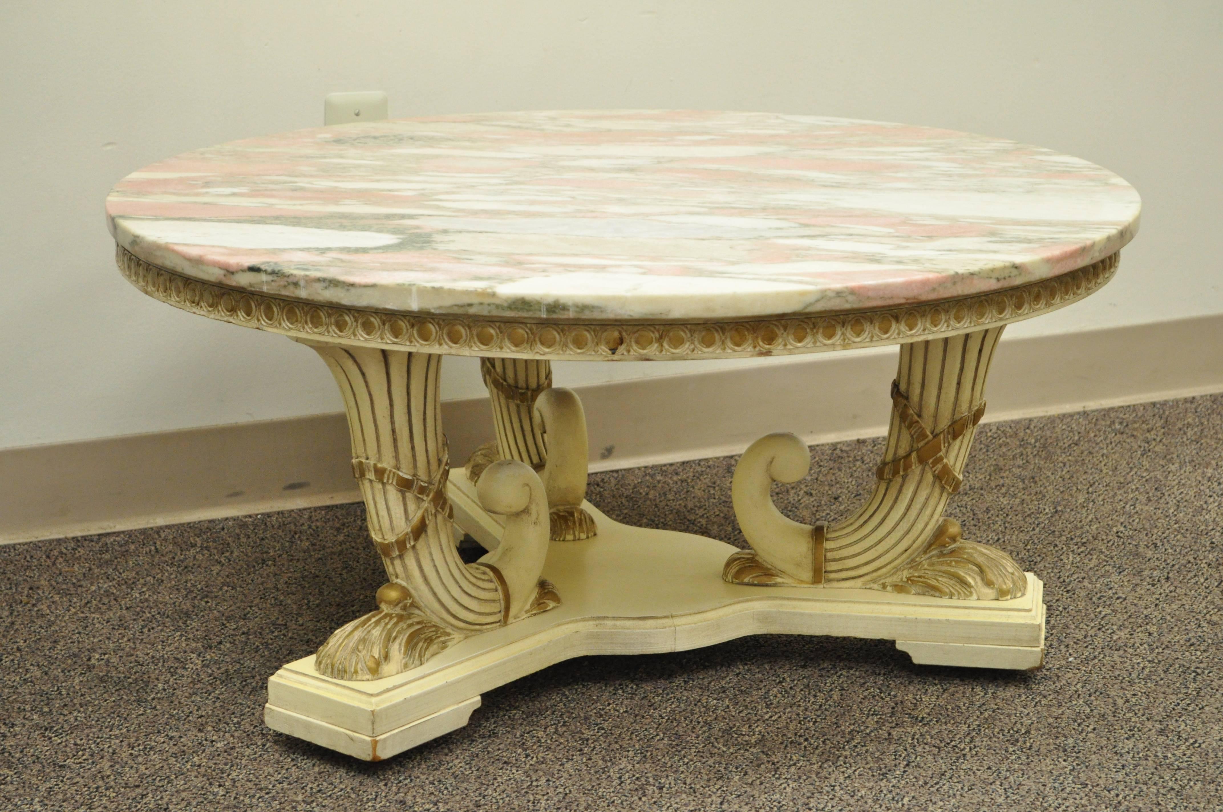American French Empire Neoclassical Cornucopia Base Round Pink Marble Top Coffee Table For Sale