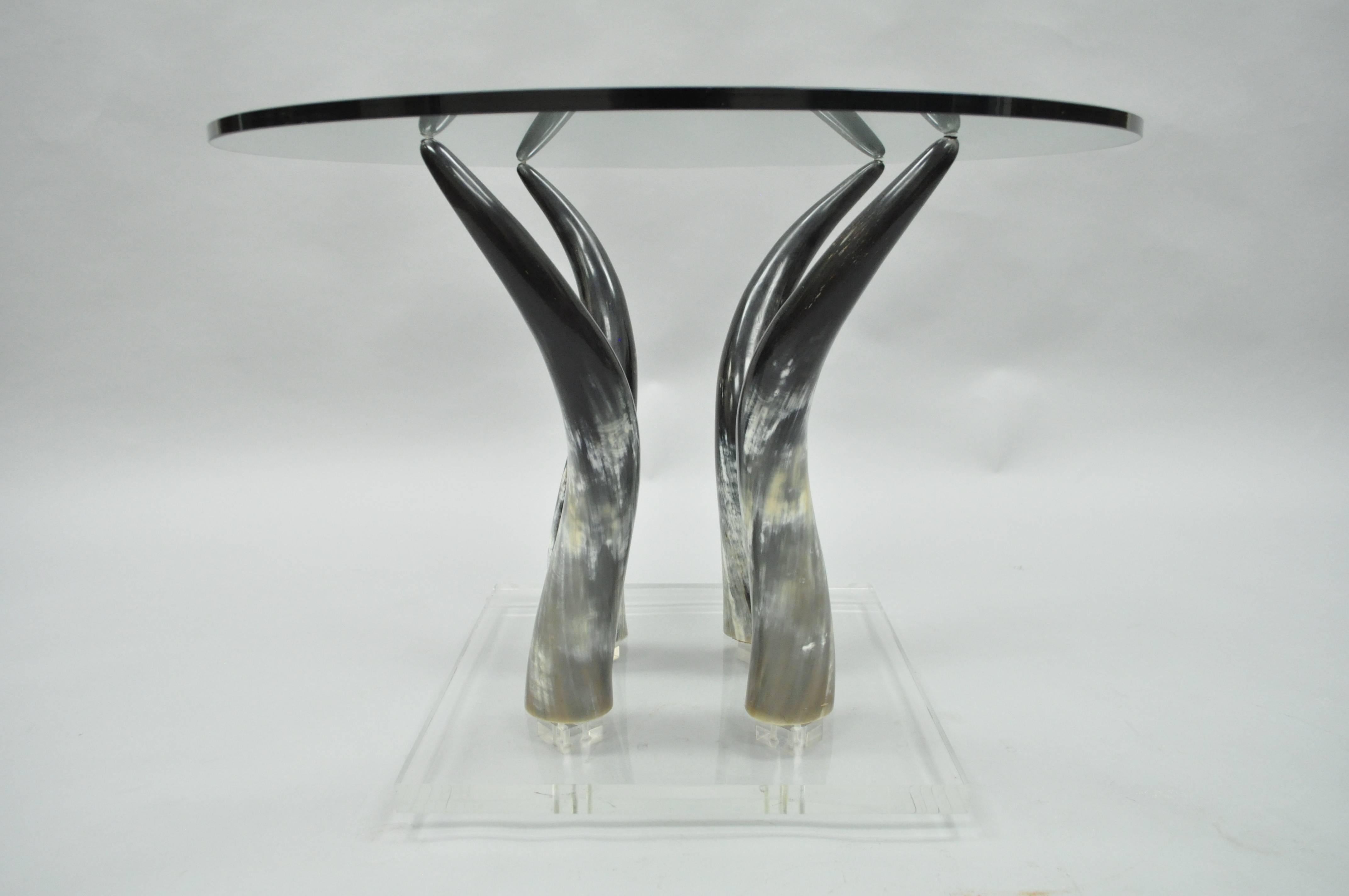 Mid Century Modern Chic Lucite and Horn Round Glass Occasional Side Table For Sale 1